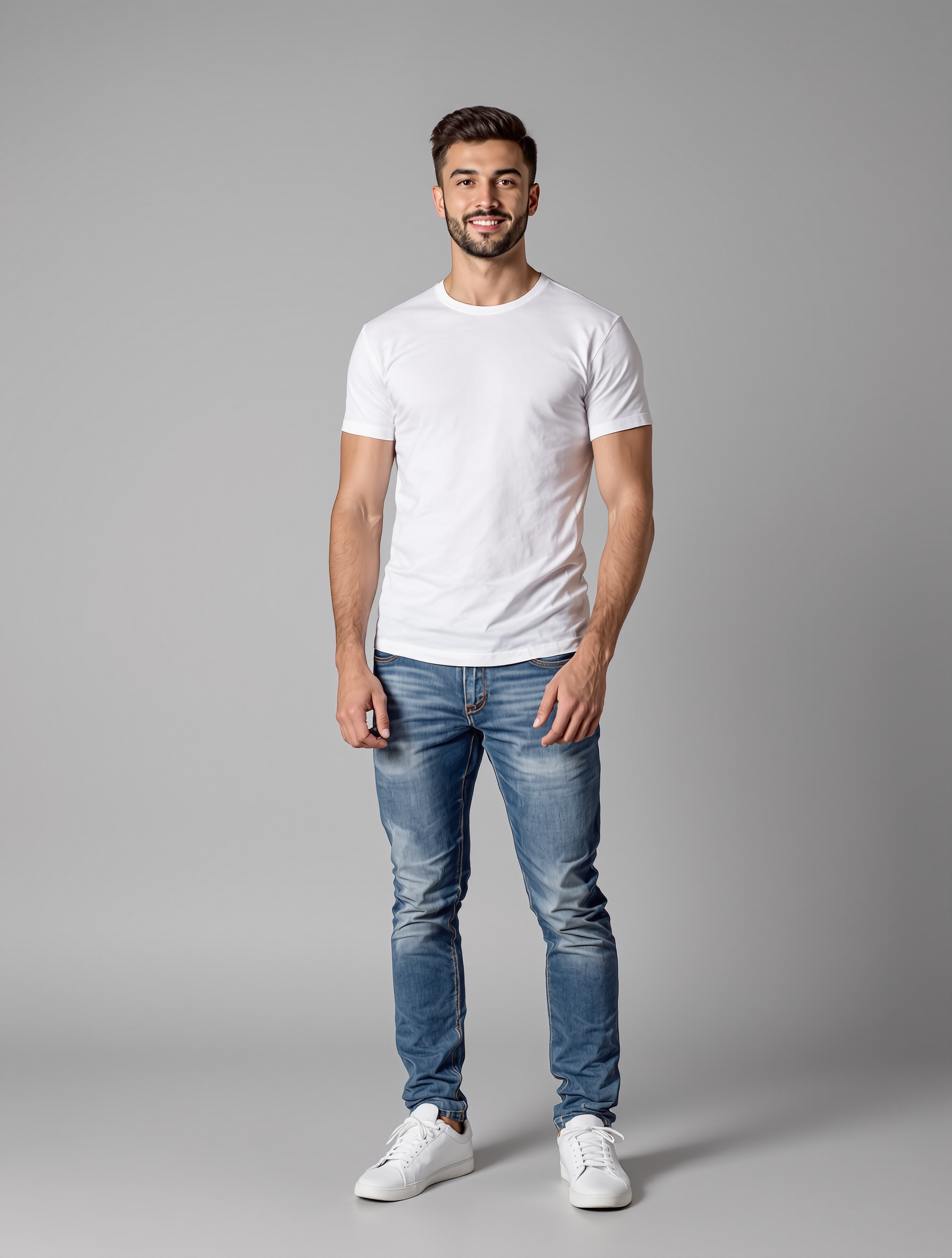 Man in white t-shirt and blue jeans with white sneakers