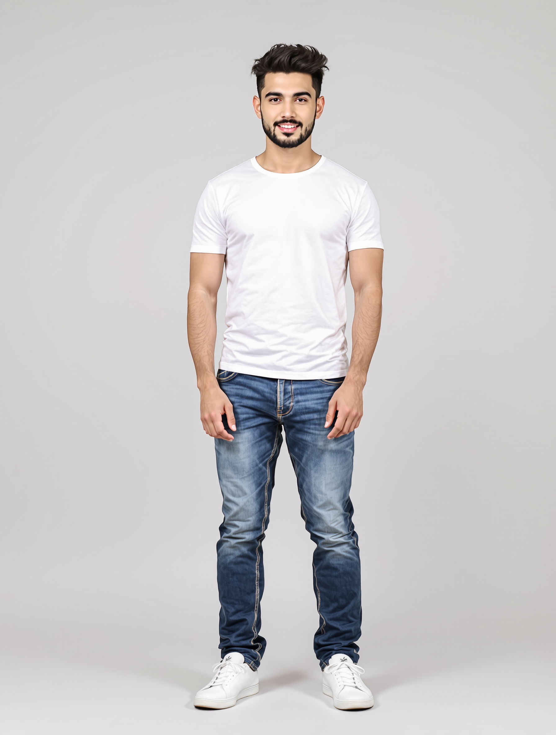 Man in white t-shirt and blue jeans with white sneakers