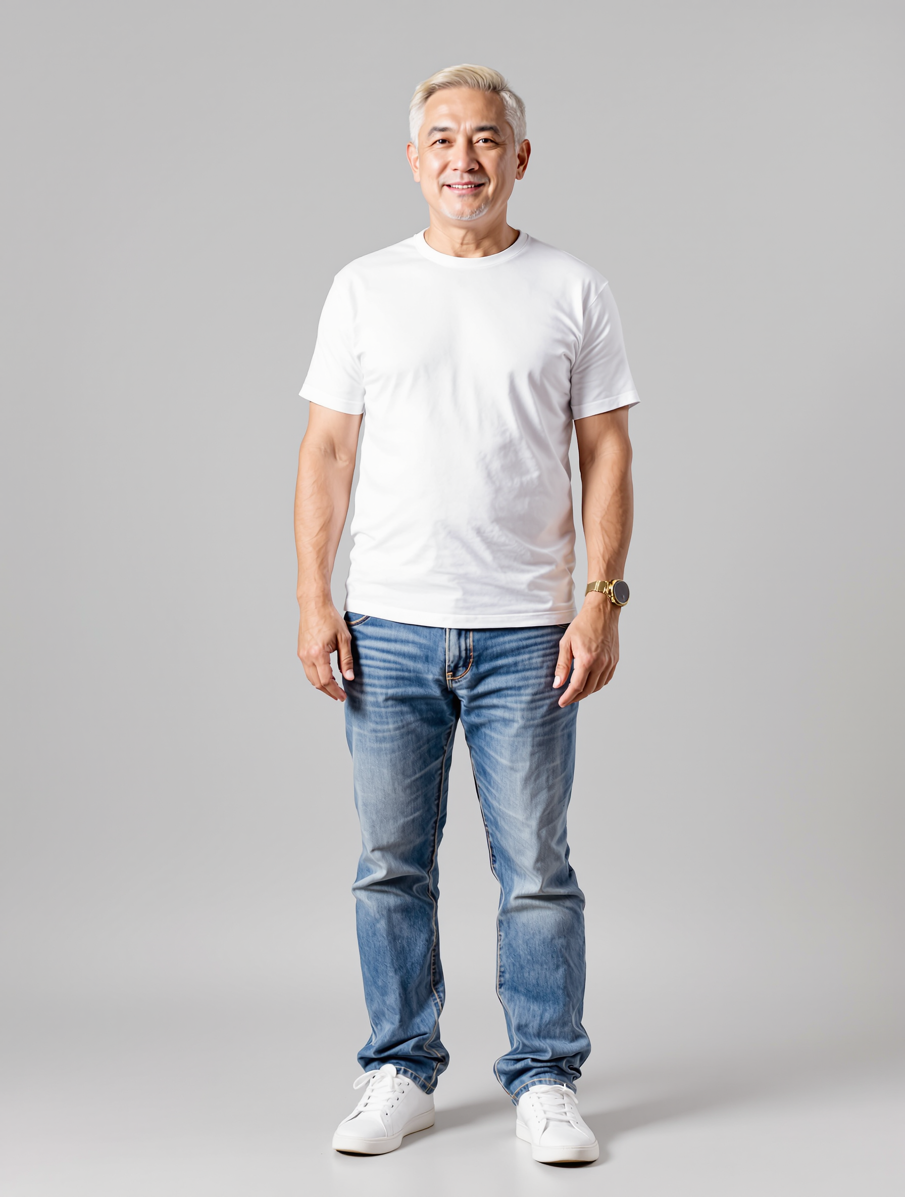 Man in white t-shirt and blue jeans with watch standing against gray background