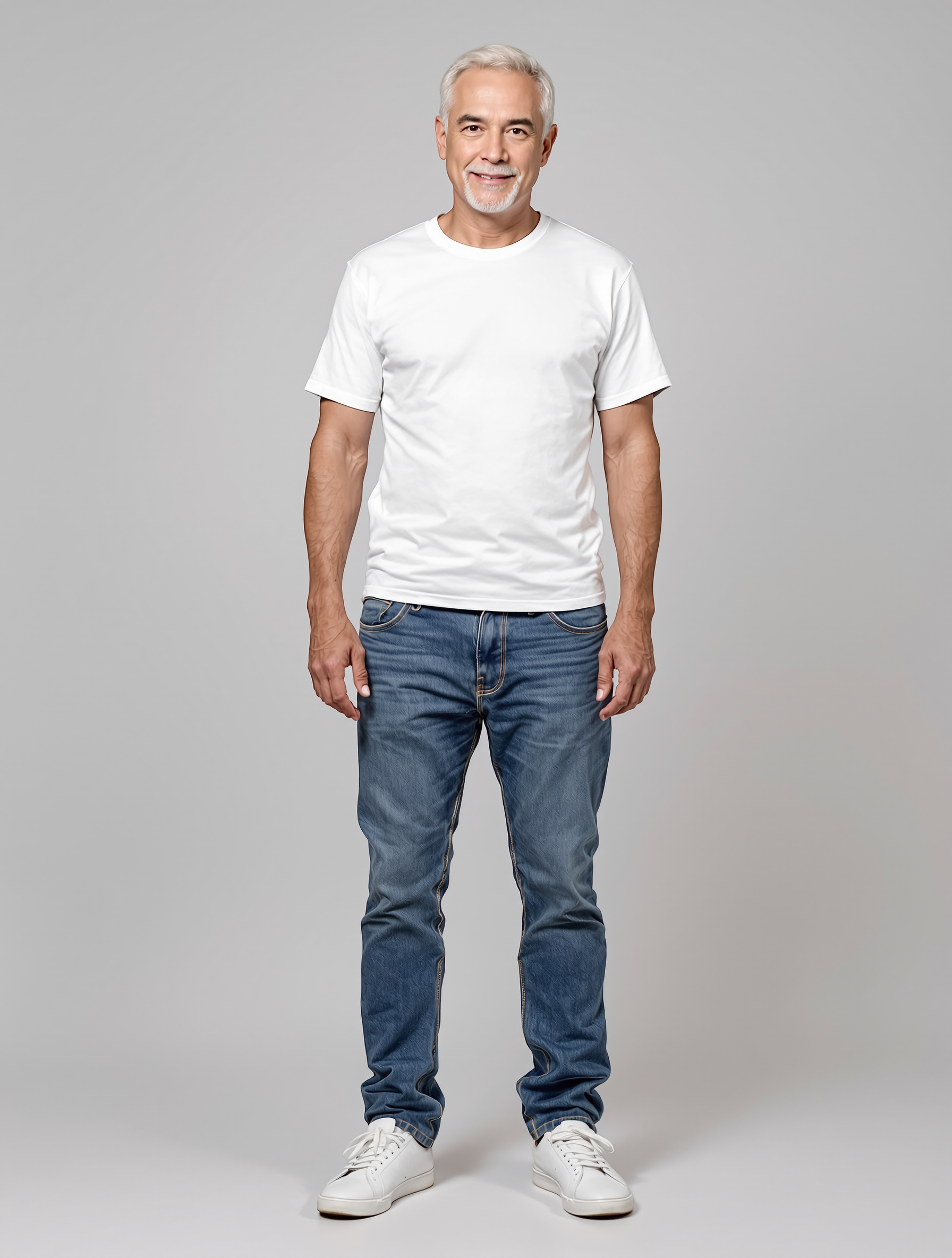 Man with gray hair in white t-shirt and blue jeans