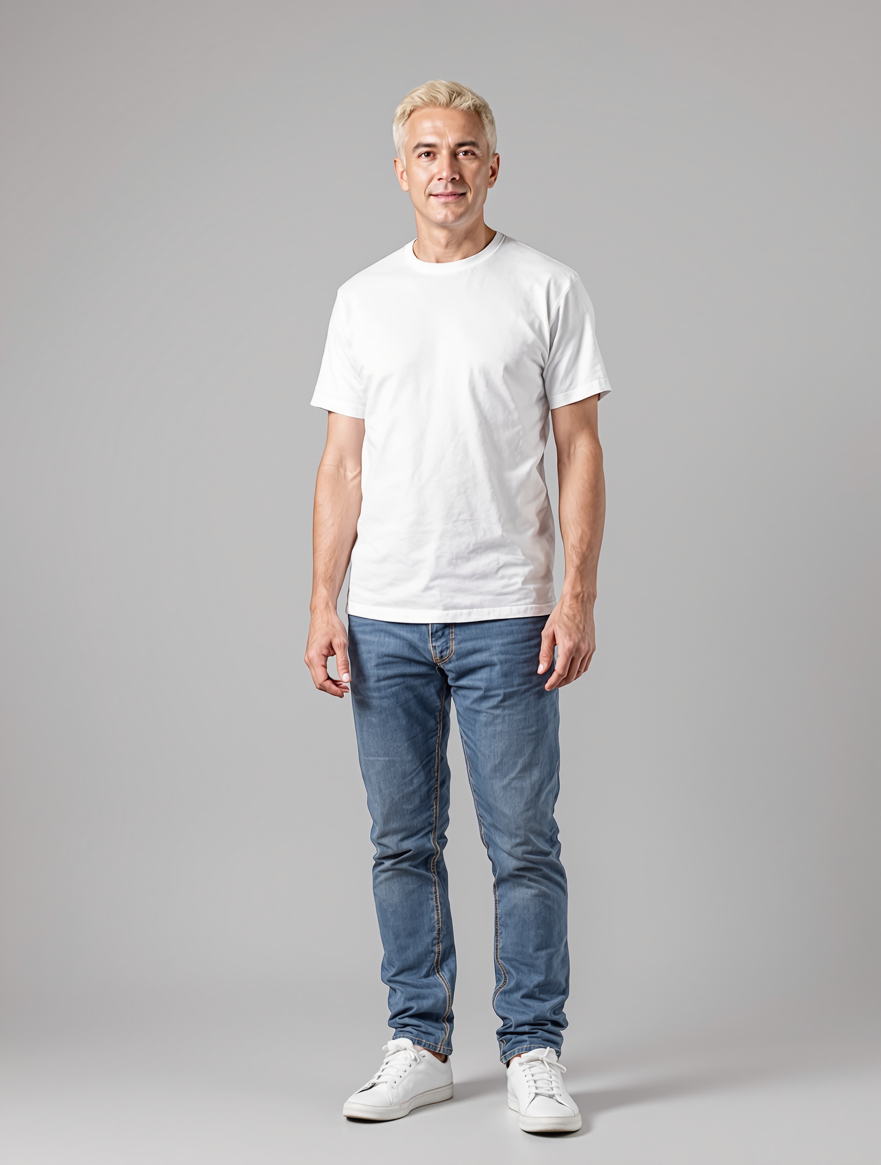 Man in white t-shirt and blue jeans standing against gray background