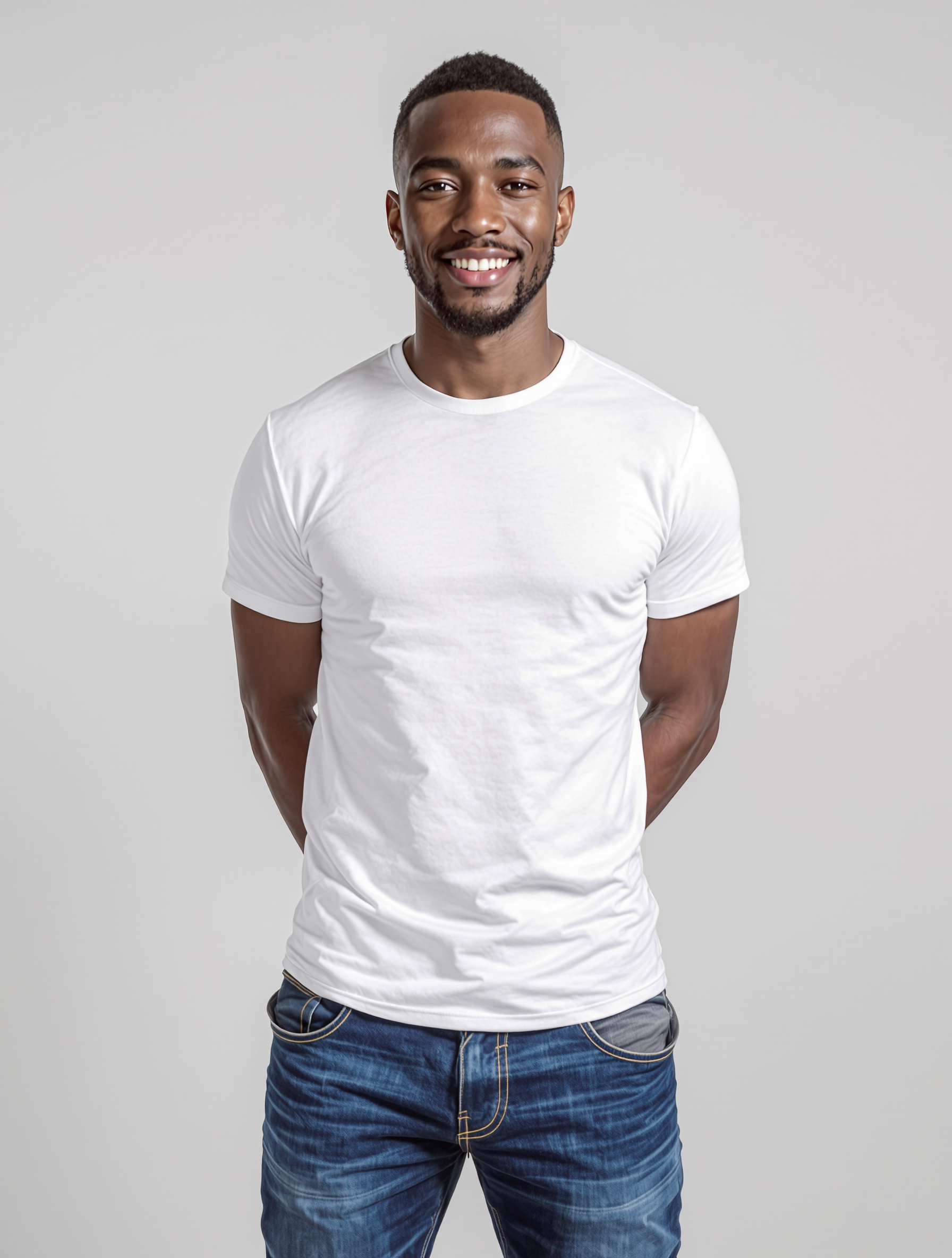 Man in white t-shirt and blue jeans smiling at camera