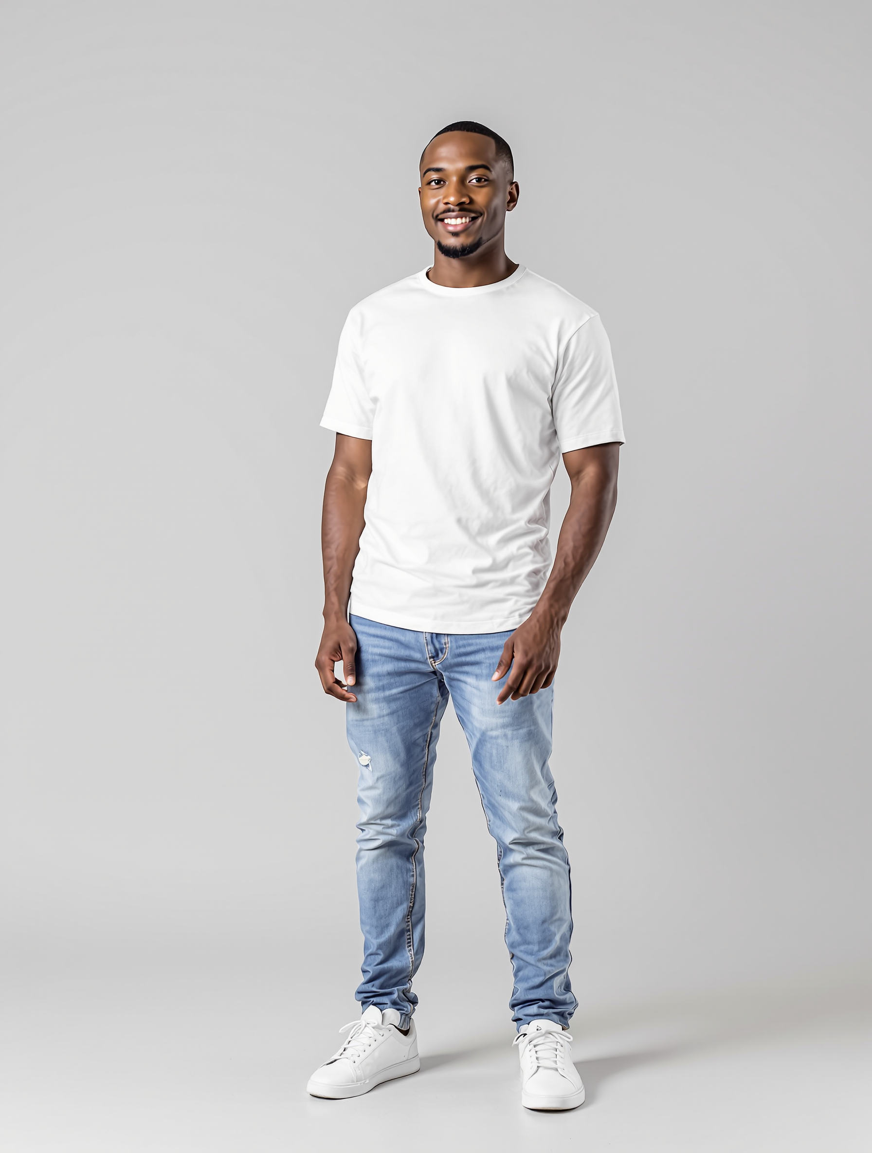 Man in white t-shirt and light blue distressed jeans smiling