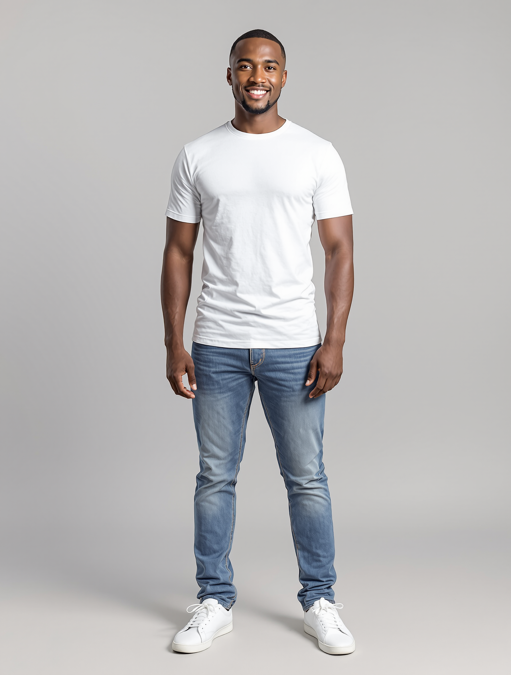 Man in white t-shirt and blue jeans smiling at camera