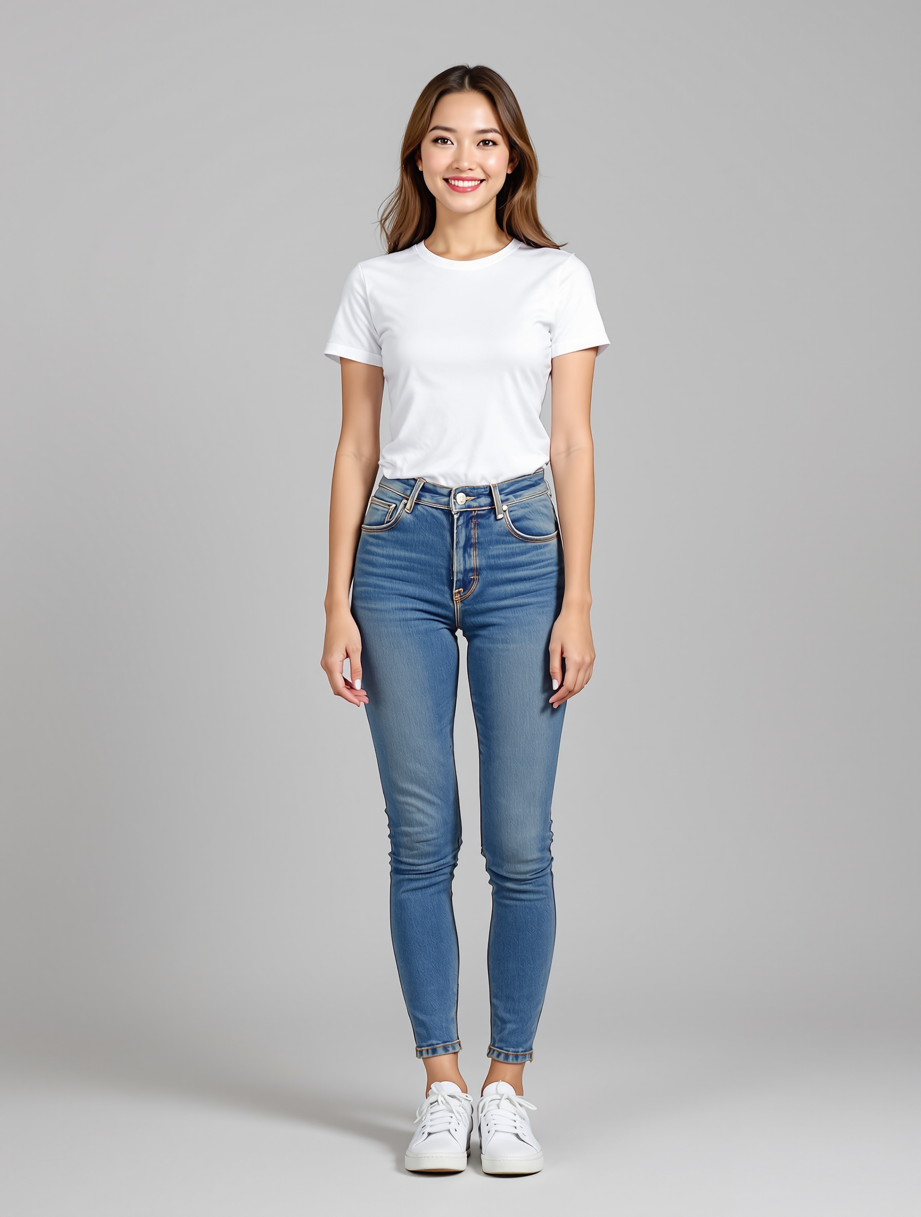 Woman in white t-shirt and blue skinny jeans with white sneakers