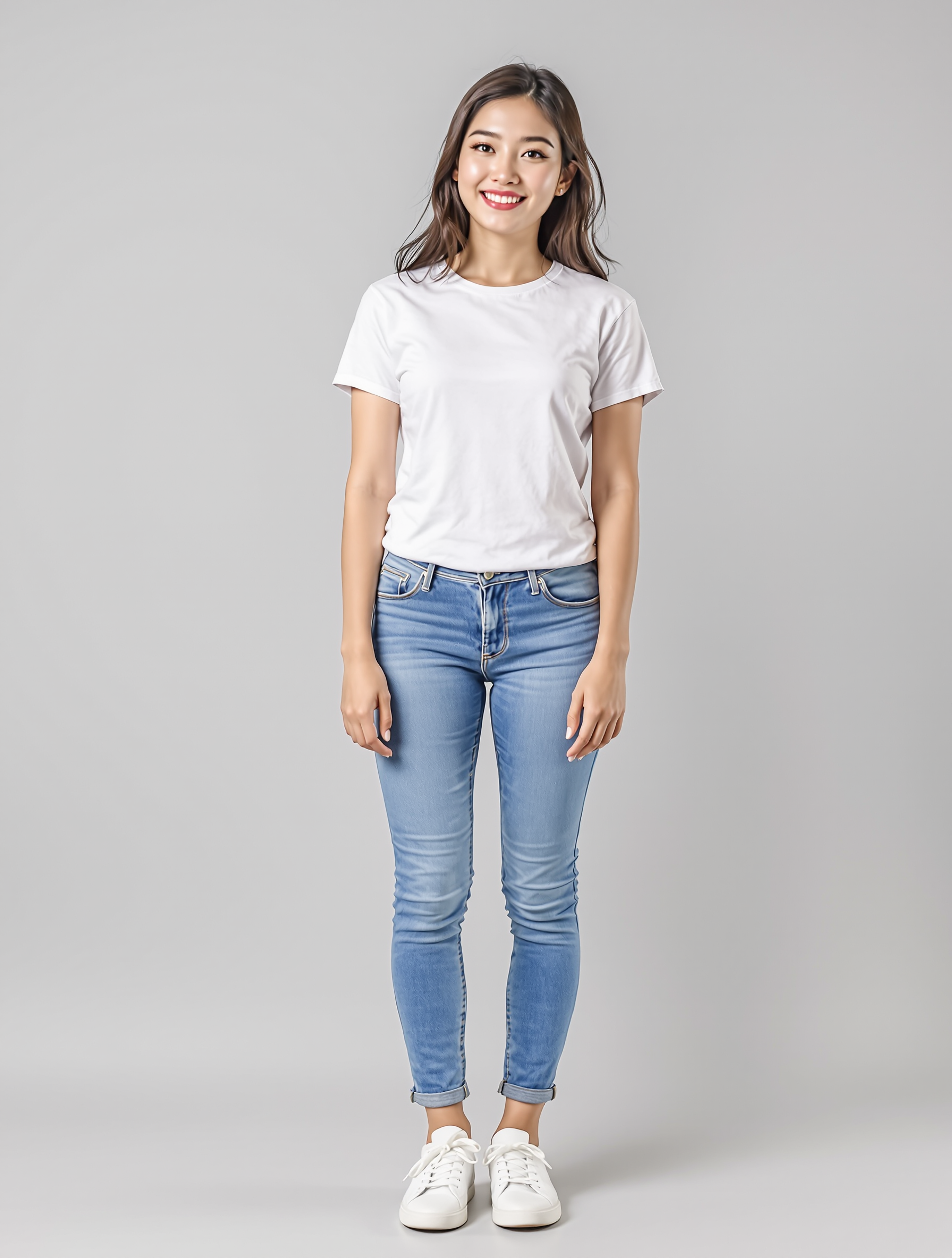 Woman in white tee and cuffed blue jeans smiling at camera