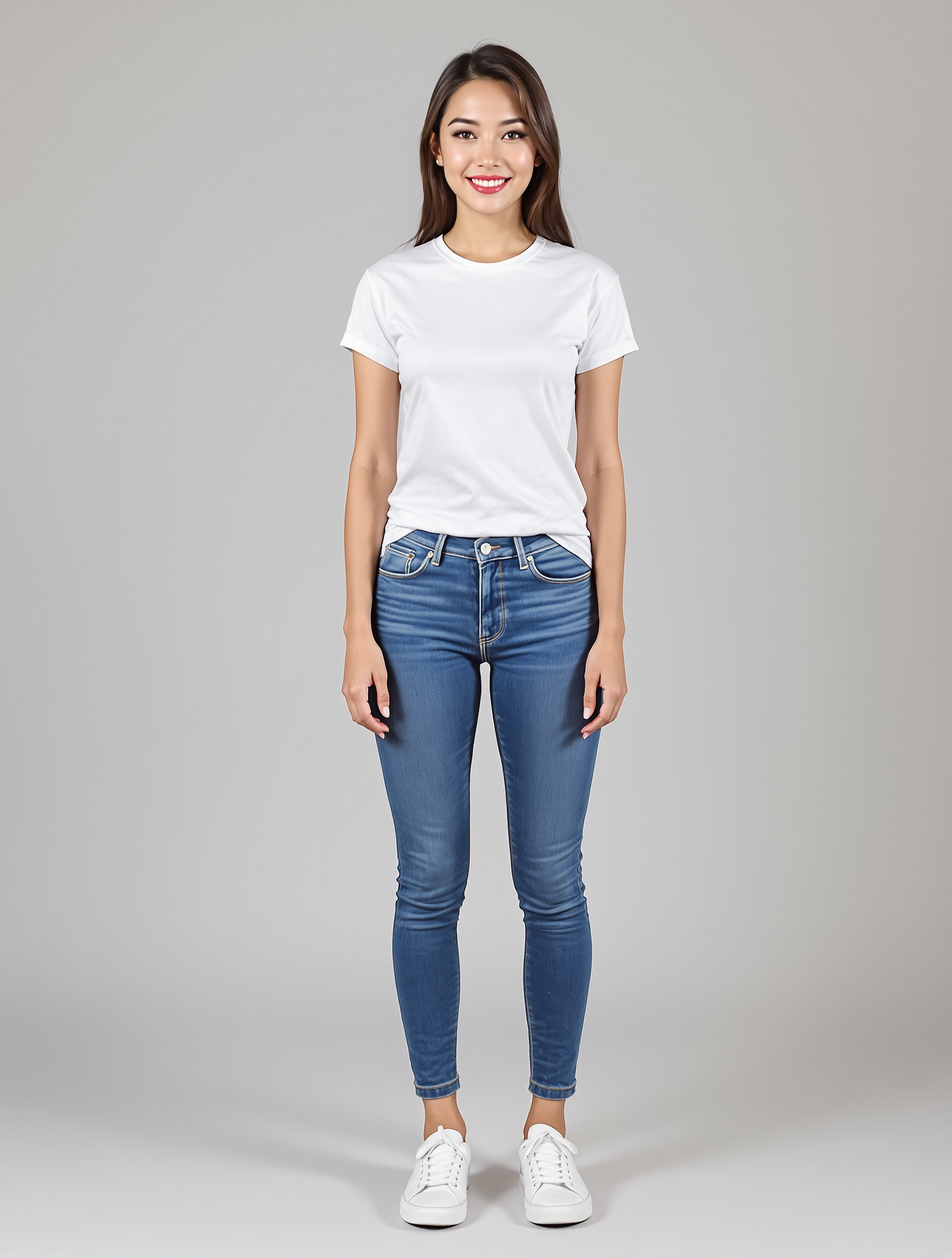 Woman in white t-shirt and blue skinny jeans with white sneakers