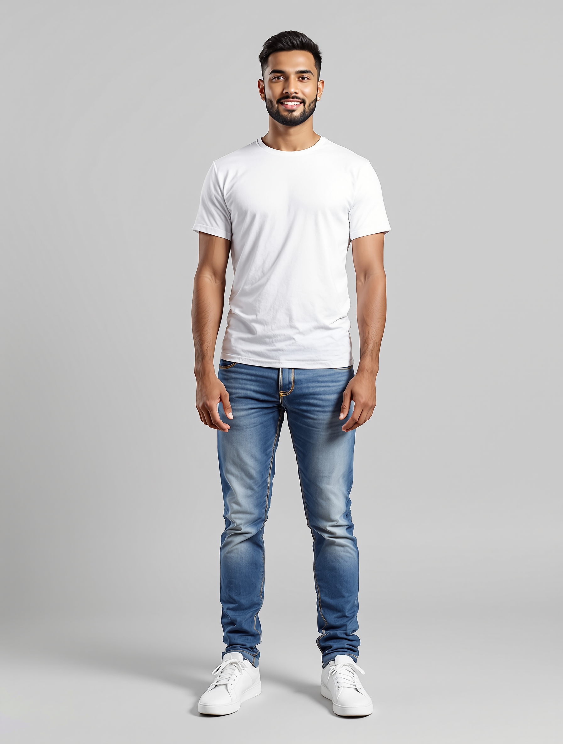 Man in white t-shirt and blue jeans standing against gray background