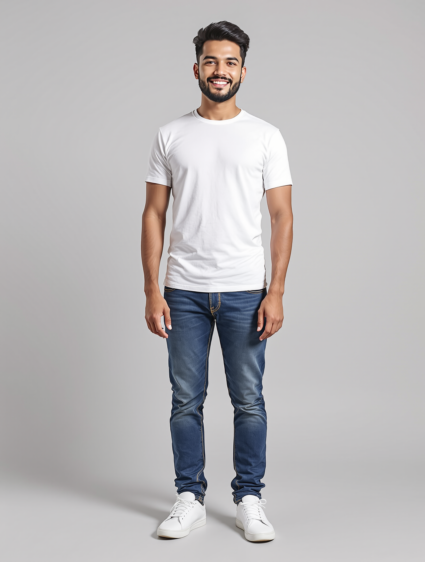 Man in white t-shirt and dark jeans smiling at camera