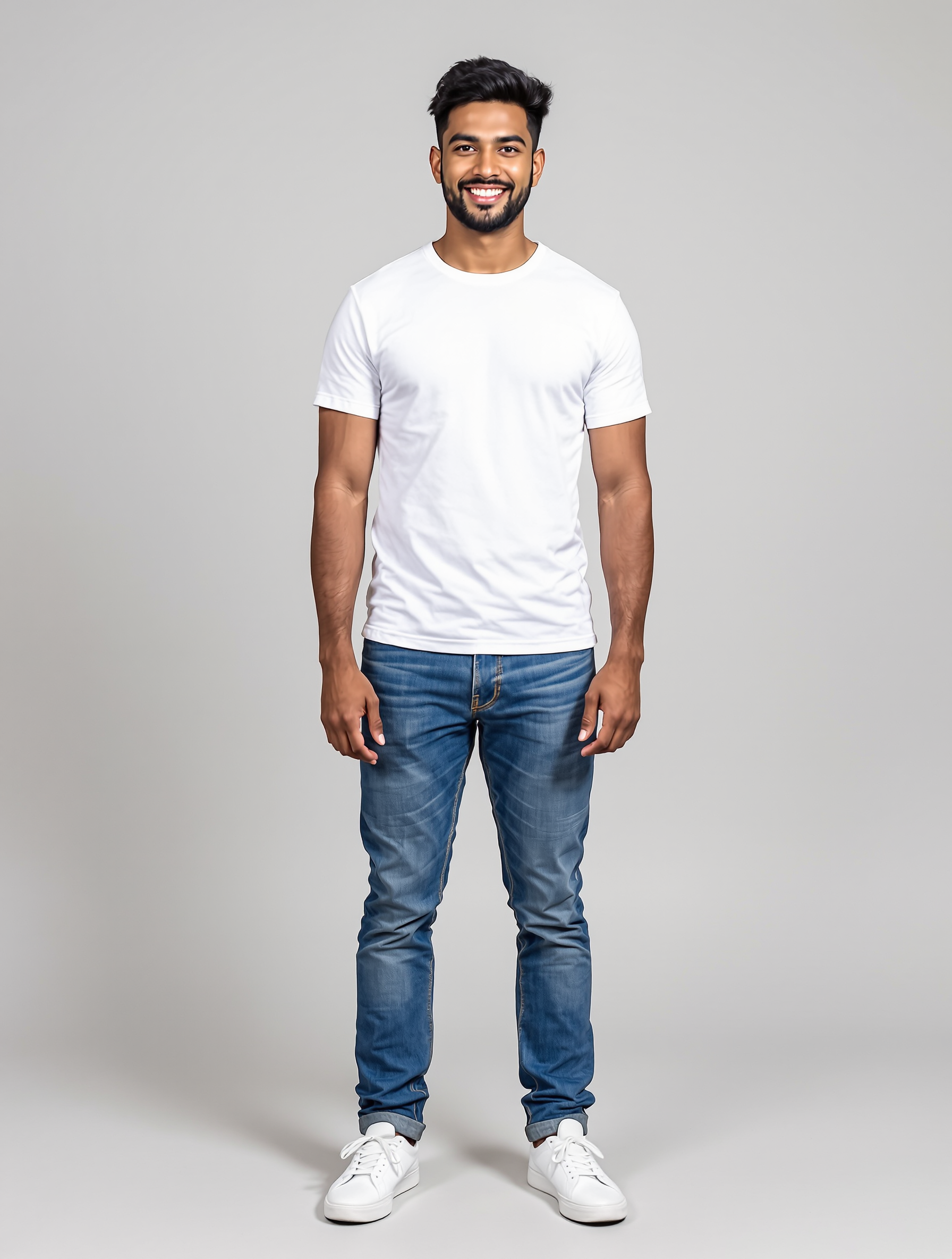 Man in white t-shirt and blue jeans with white sneakers
