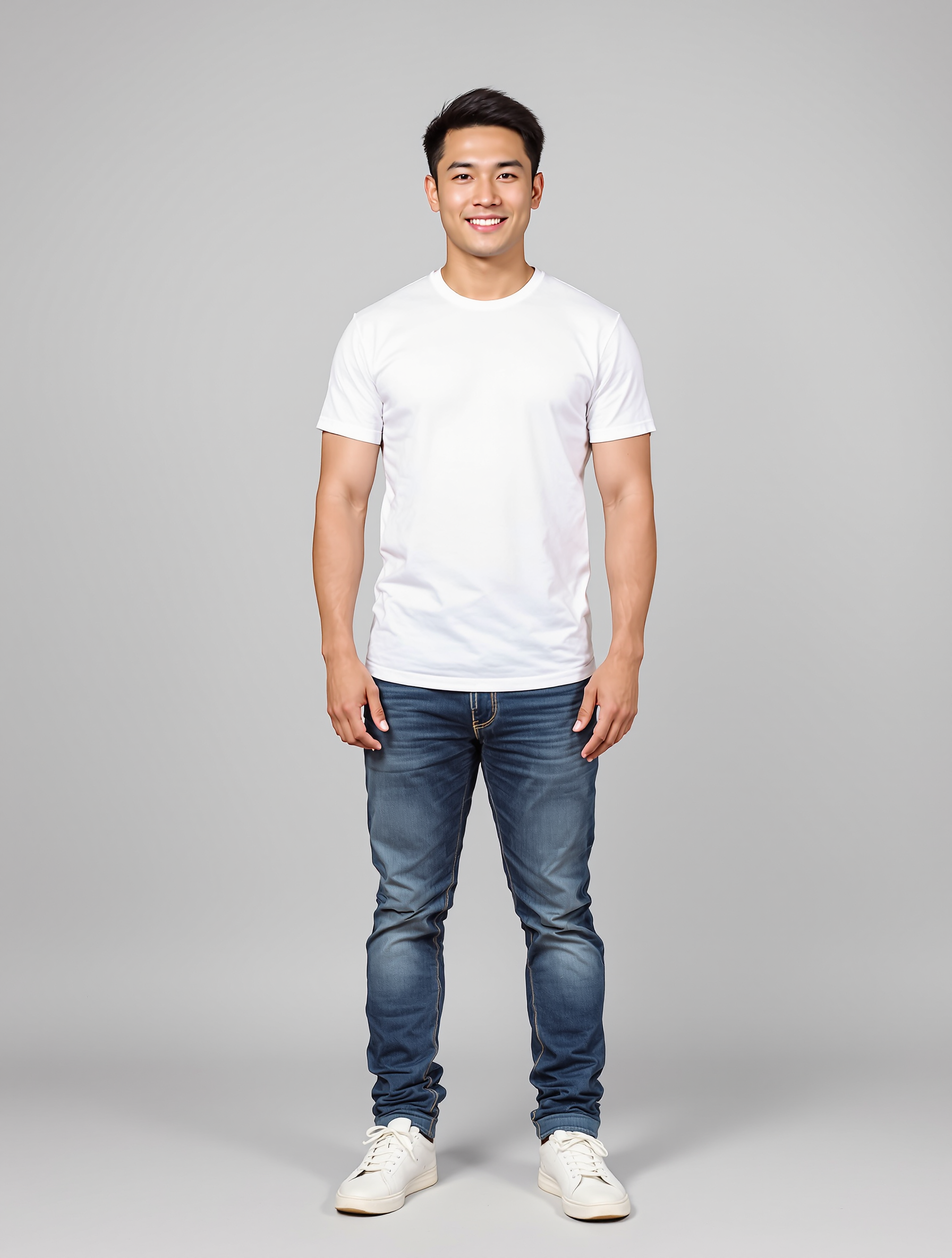 Man in white t-shirt and blue jeans standing against neutral background