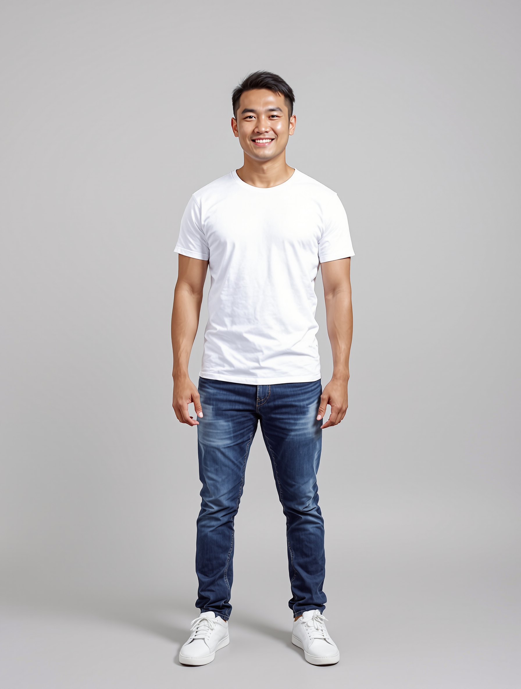 Man in white t-shirt and dark jeans smiling at camera