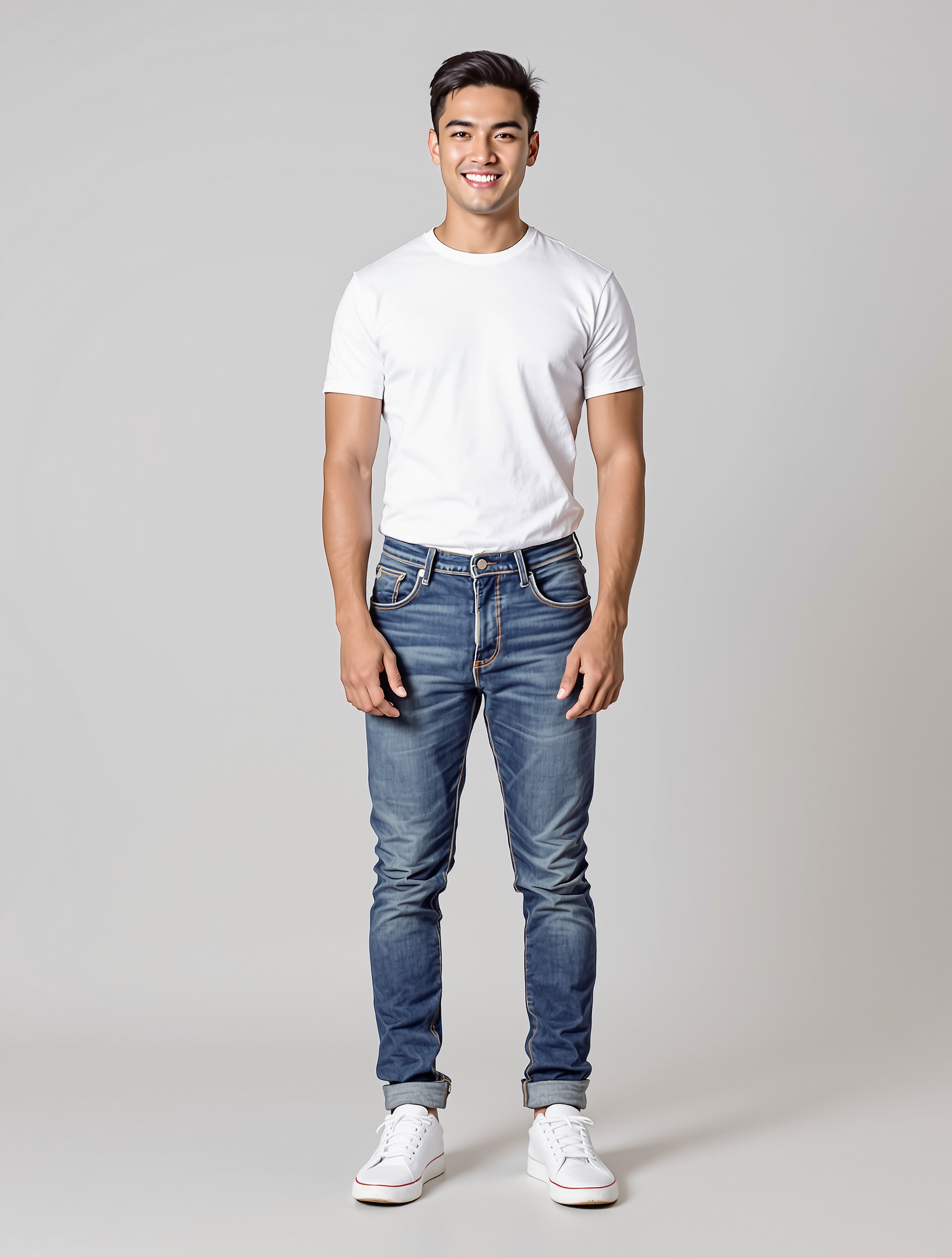 Person in white t-shirt and cuffed blue jeans with white sneakers