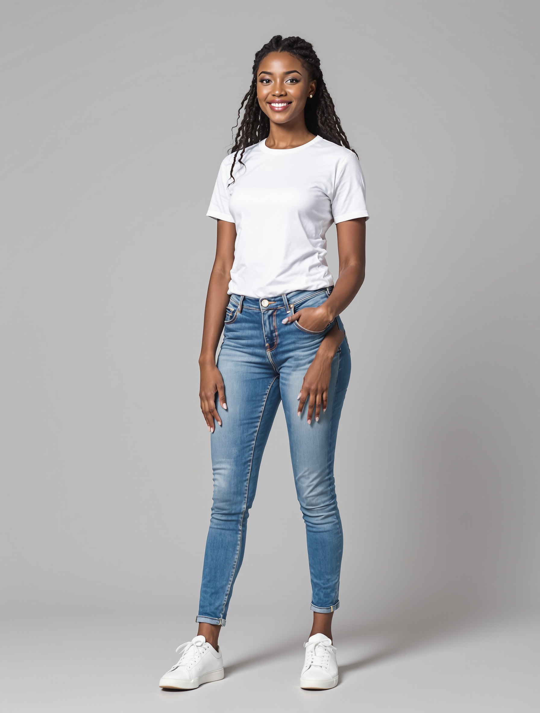 Woman in white t-shirt and cuffed blue jeans with white sneakers