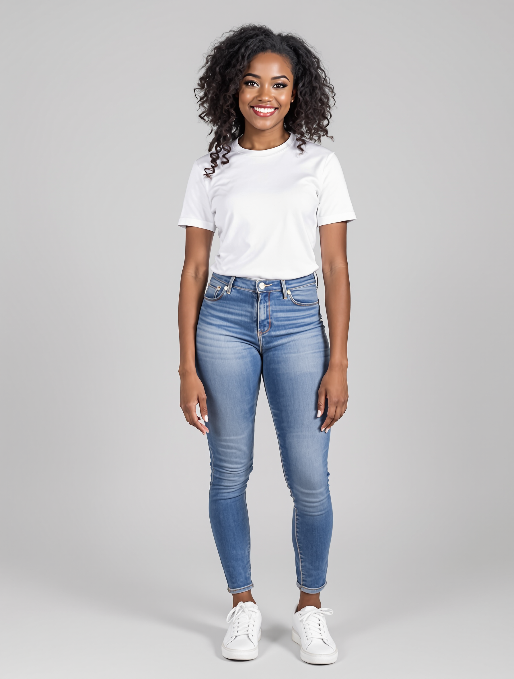 Woman in white tee and blue skinny jeans with white sneakers