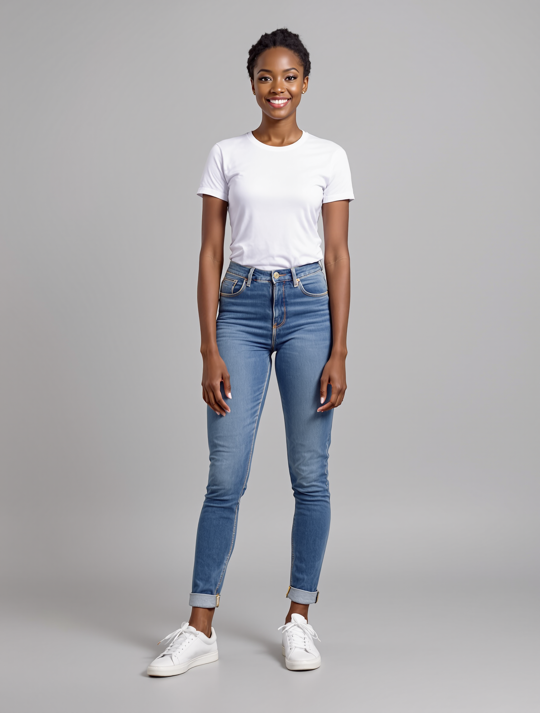 Woman in white t-shirt and cuffed blue jeans with white sneakers
