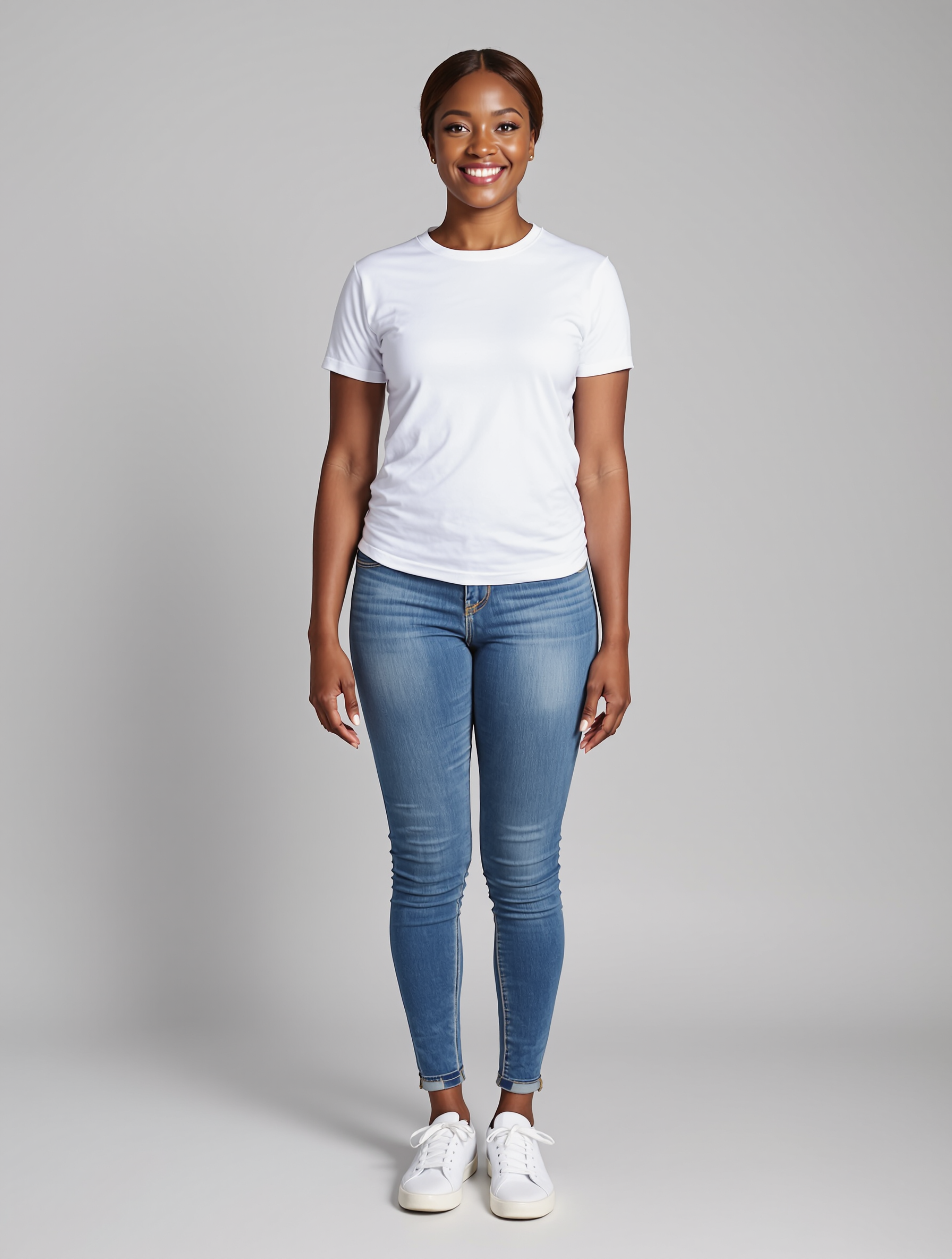 Woman in white t-shirt and blue jeans standing against gray background