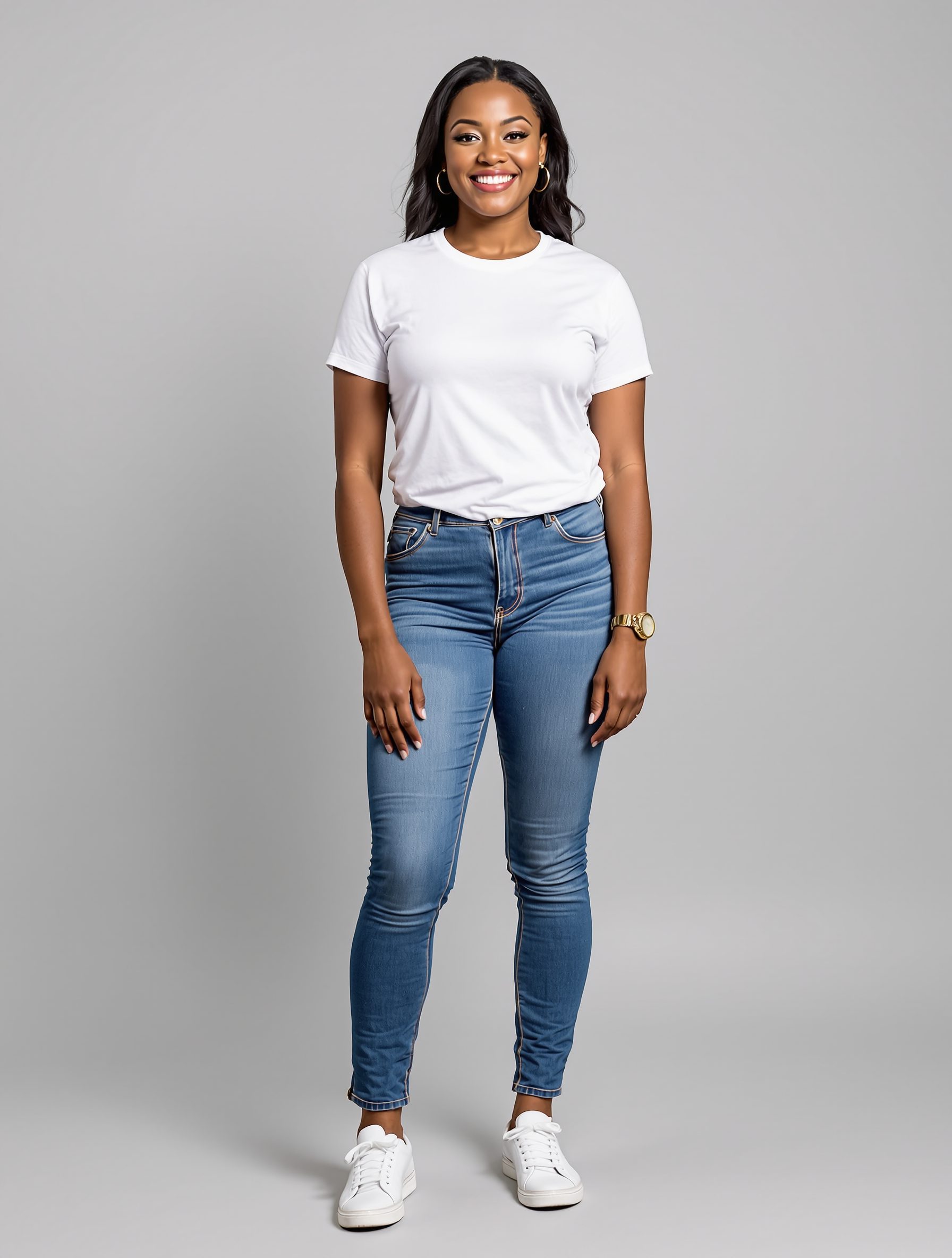 Woman in white t-shirt and blue skinny jeans with white sneakers