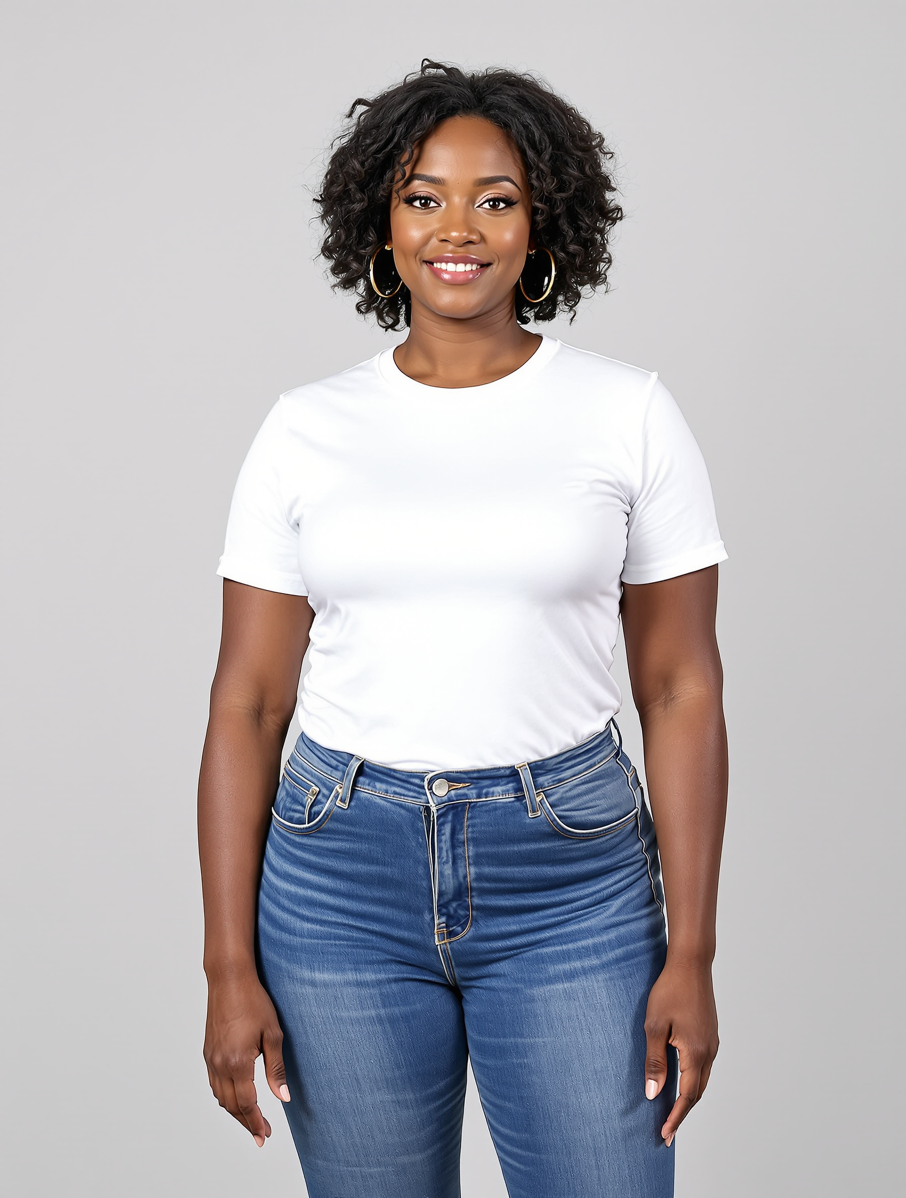 Person in white t-shirt and blue jeans against neutral background