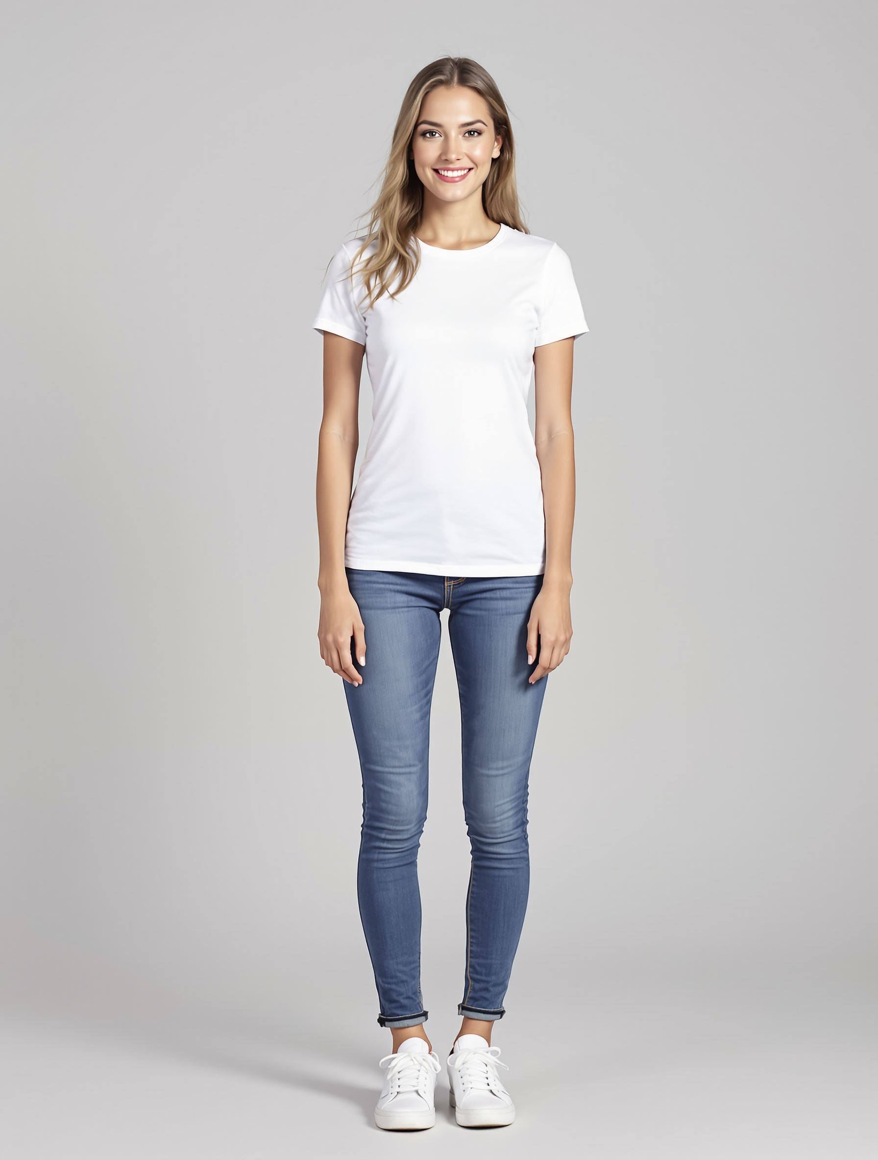 Woman in white t-shirt and blue skinny jeans with white sneakers