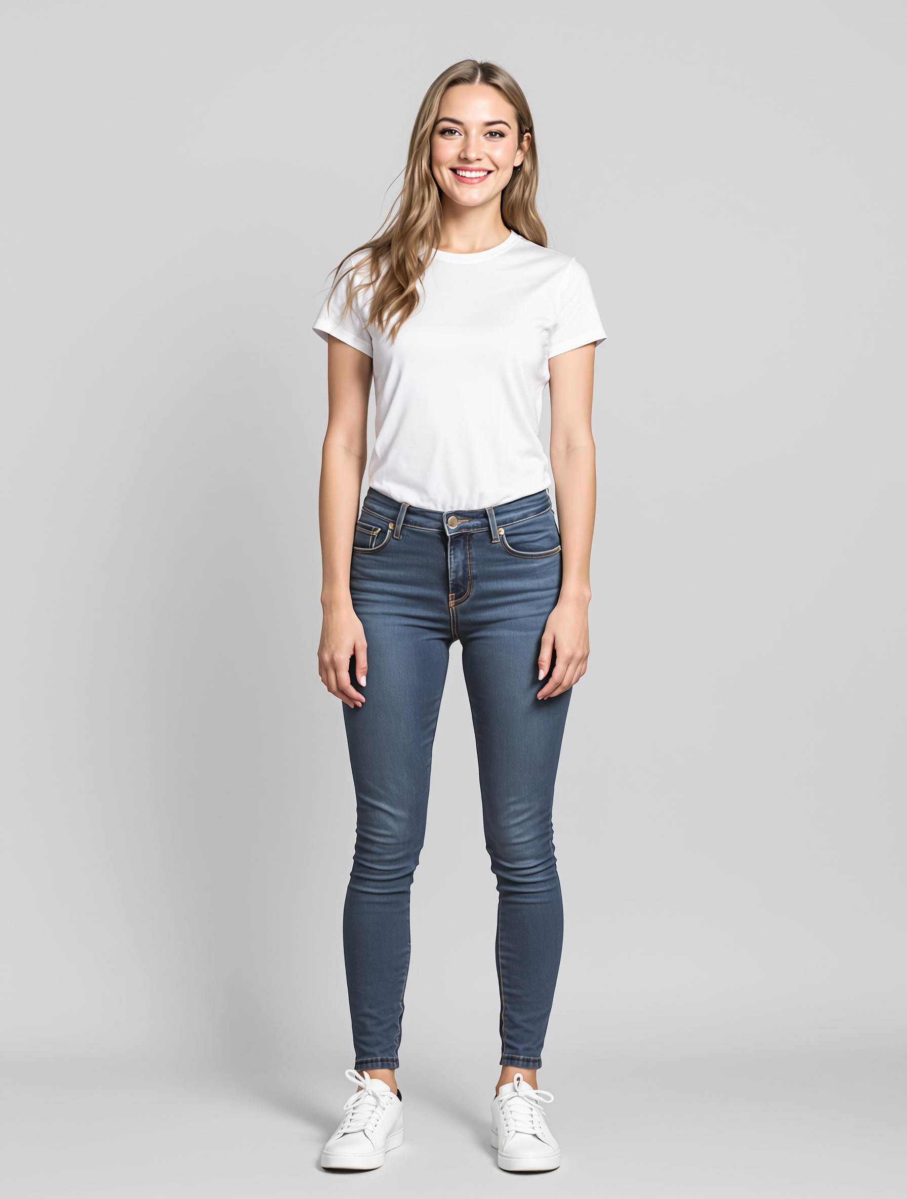 Woman in white t-shirt and dark skinny jeans with white sneakers