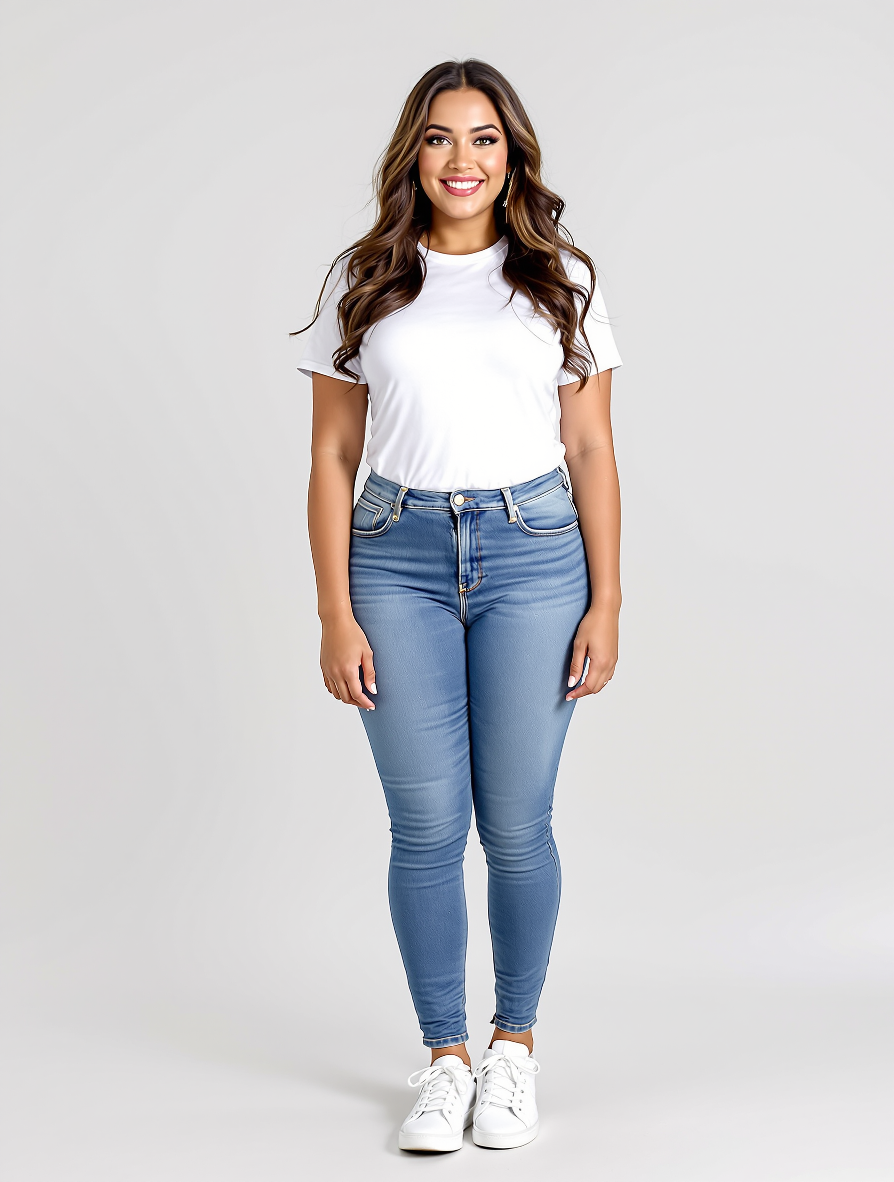 Woman in white t-shirt and blue skinny jeans with white sneakers