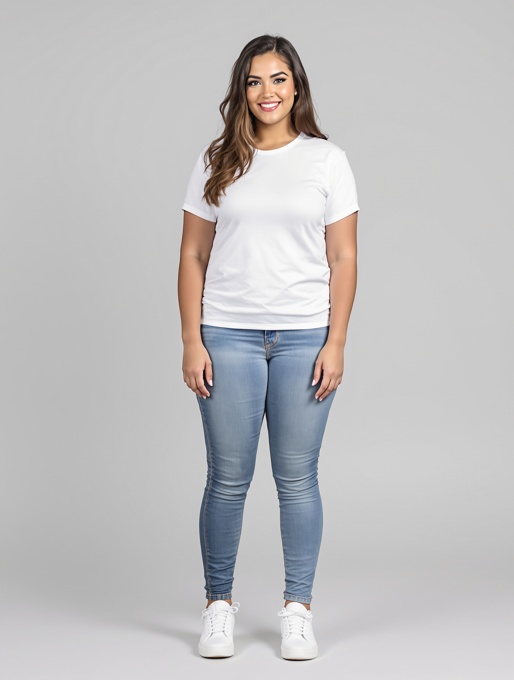Woman in white t-shirt and blue skinny jeans standing against gray background