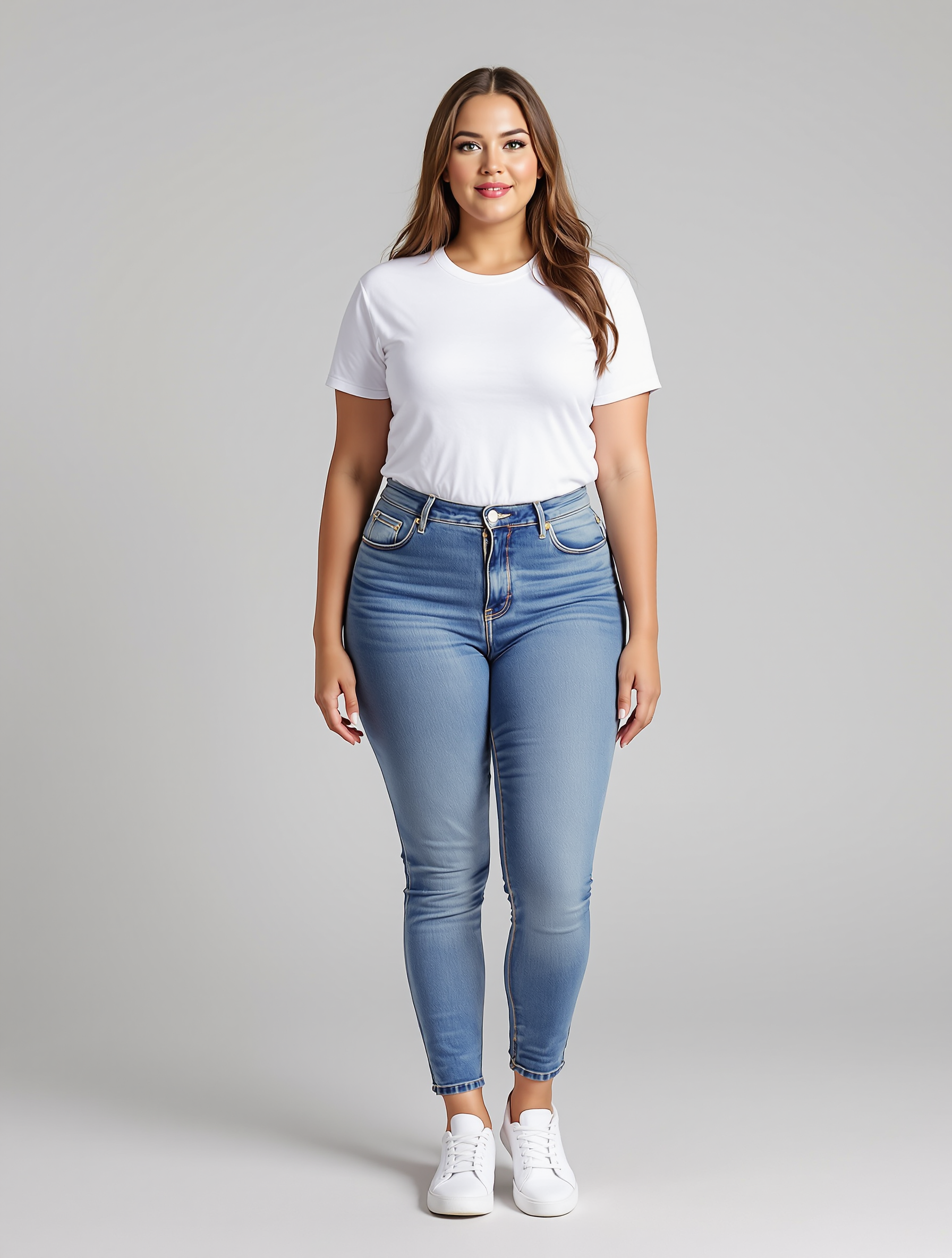 Woman in white t-shirt and blue skinny jeans standing against gray background