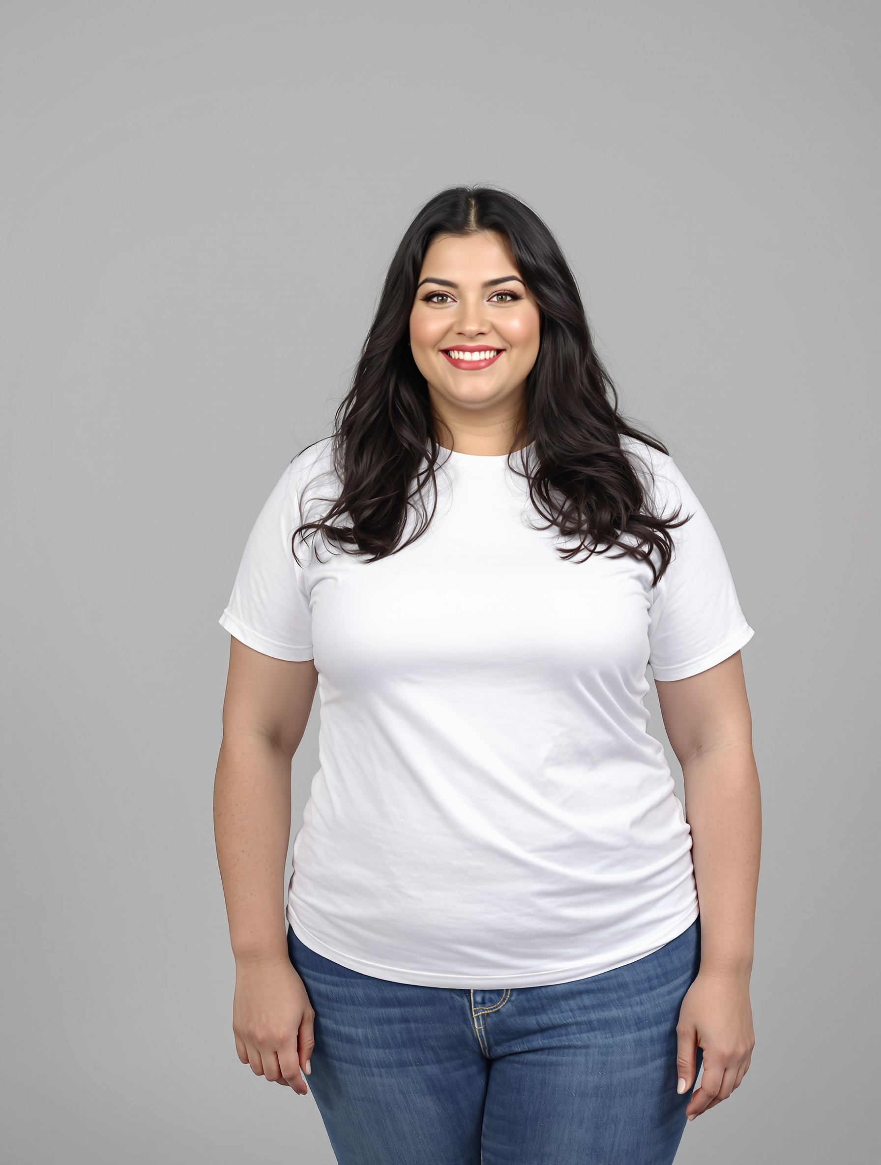 Woman with long black hair wearing white t-shirt and jeans