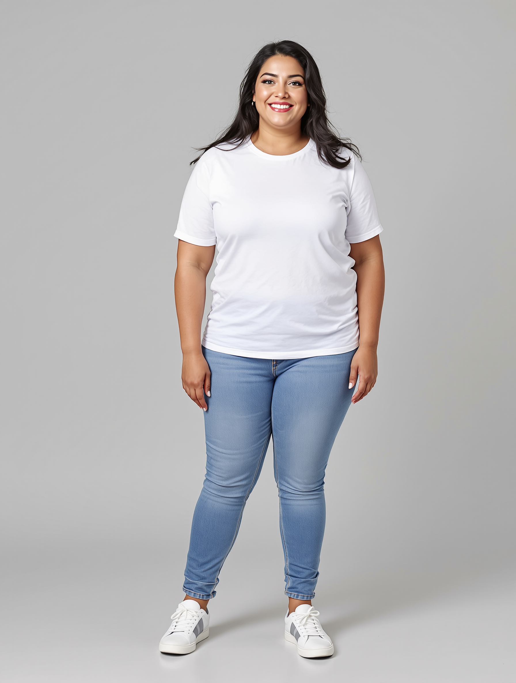 Person in white t-shirt and light blue jeans standing against gray background