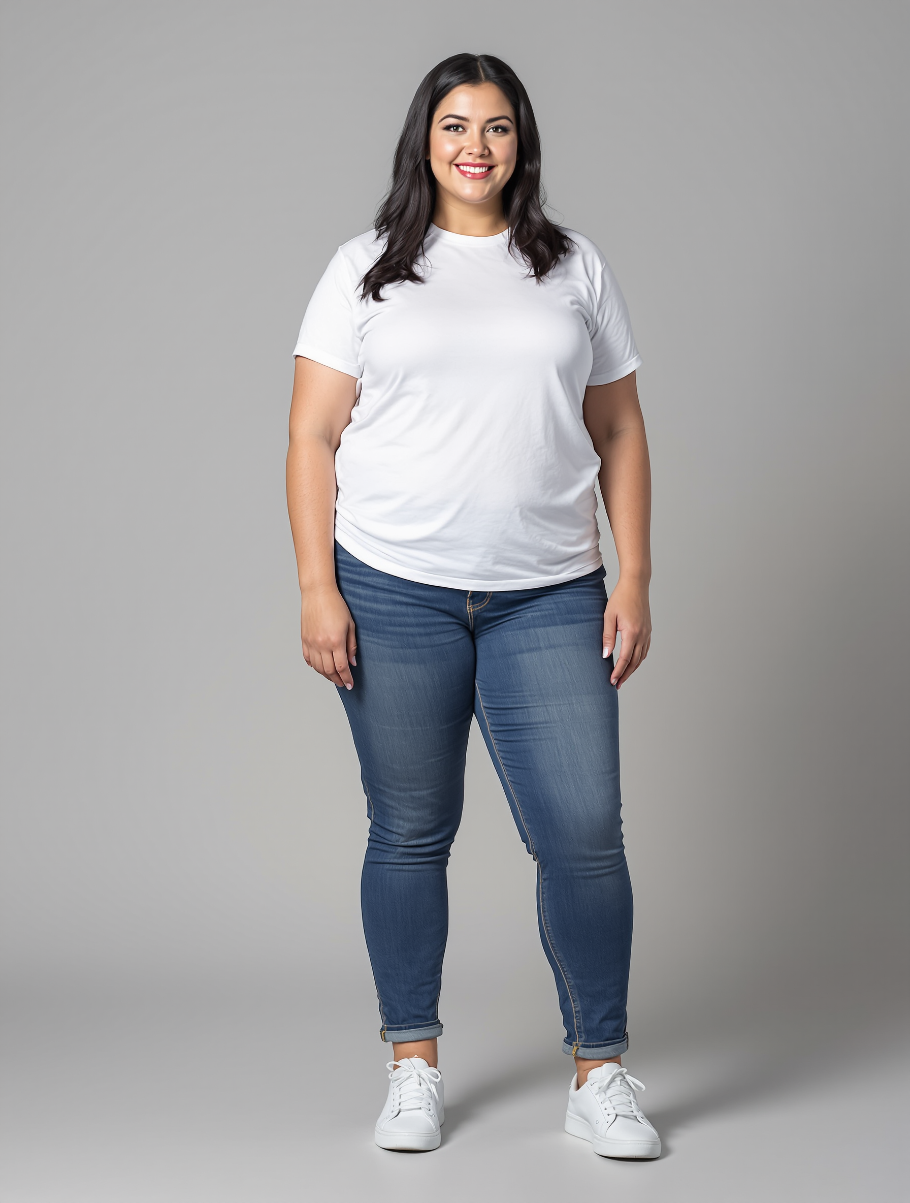 Woman in white t-shirt and cuffed blue jeans standing against neutral background