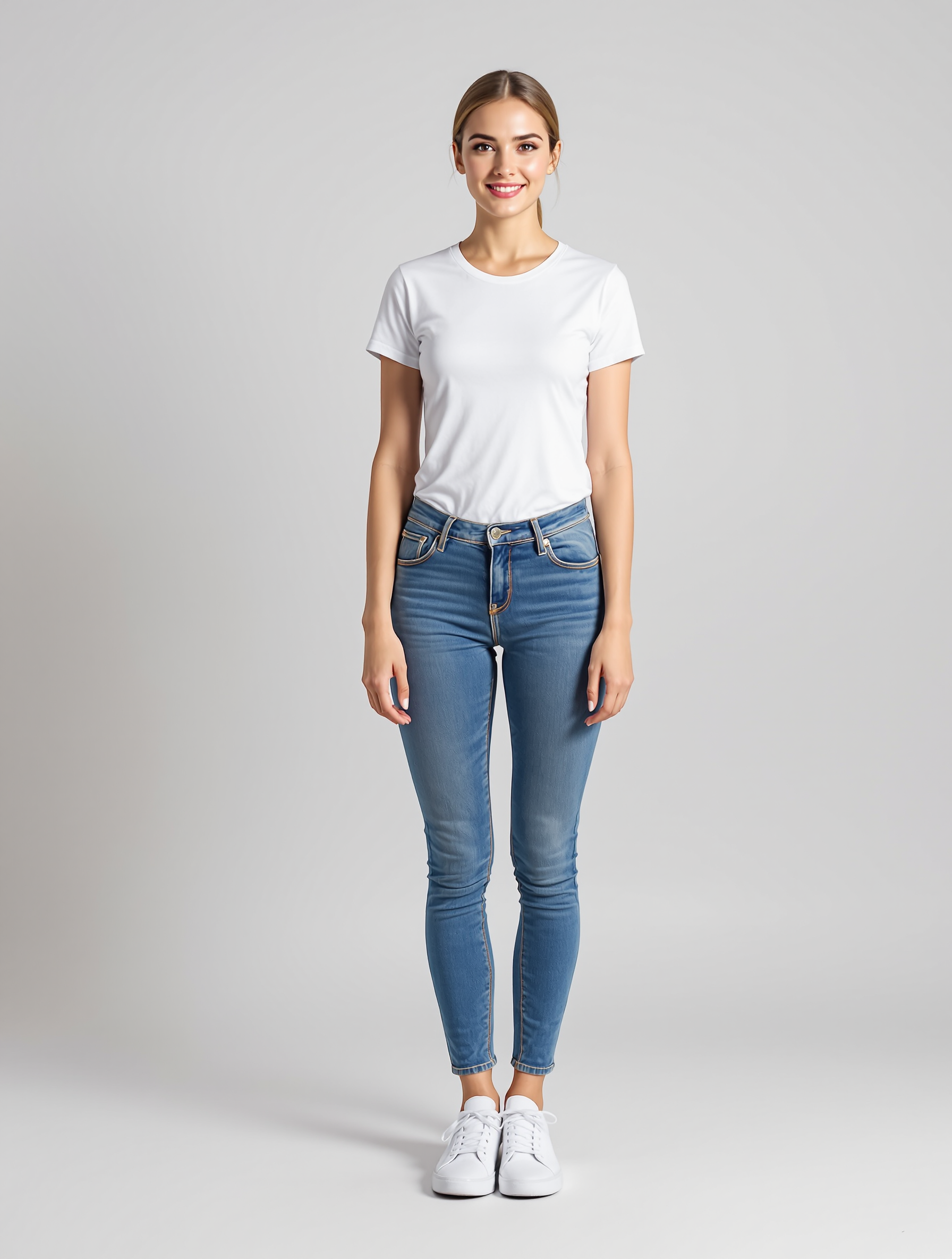 Woman in white t-shirt and blue skinny jeans with white sneakers