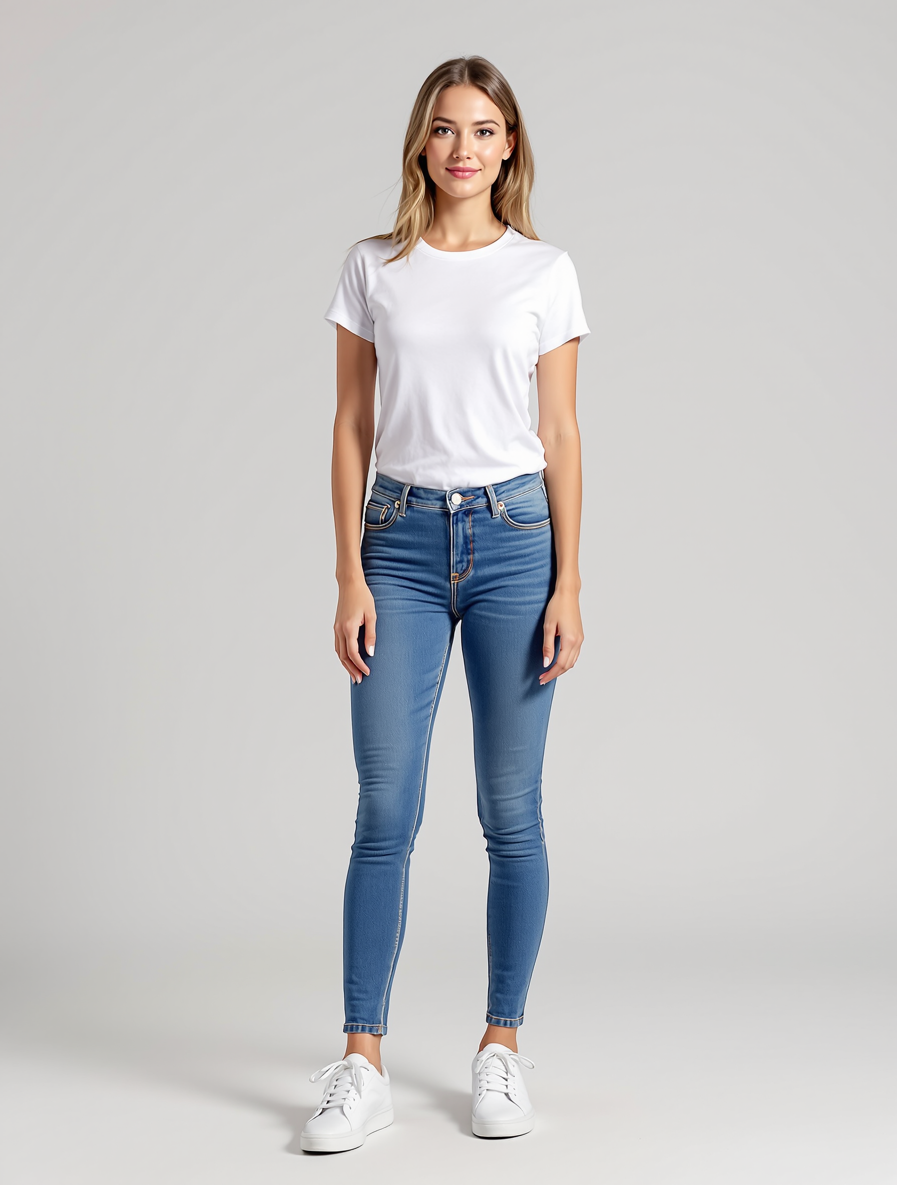 Woman in white t-shirt and blue skinny jeans with white sneakers