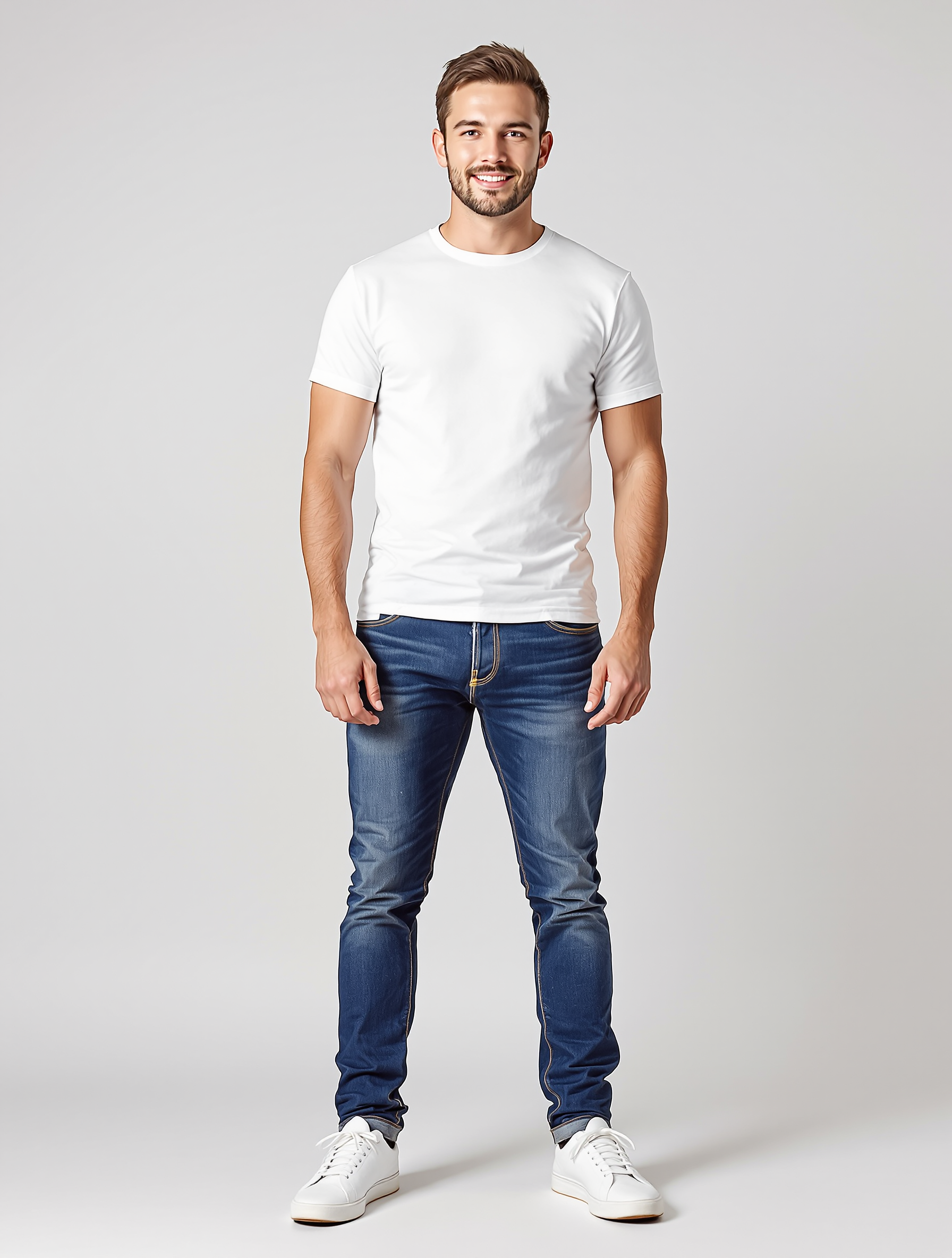 Man in white t-shirt and dark jeans with white sneakers