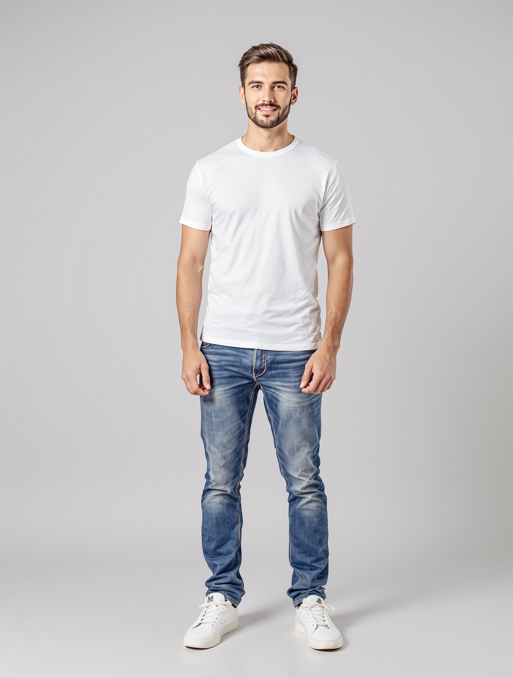 Man in white t-shirt and blue jeans standing against gray background