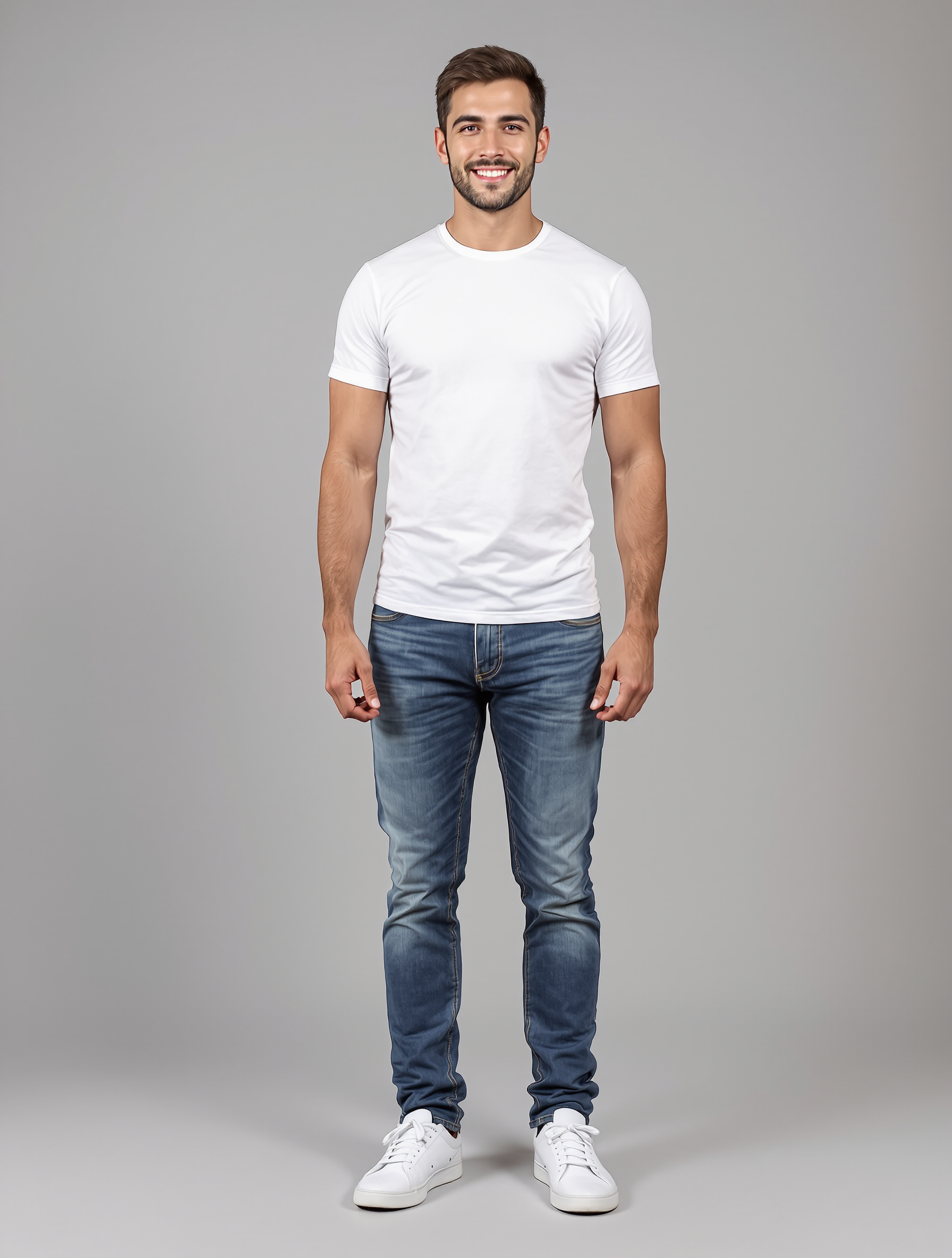 Man in white t-shirt and blue jeans standing against gray background