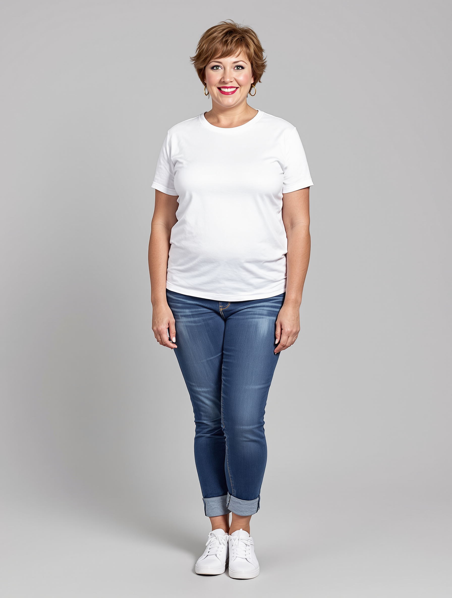 Woman in white tee and rolled cuff jeans smiling at camera