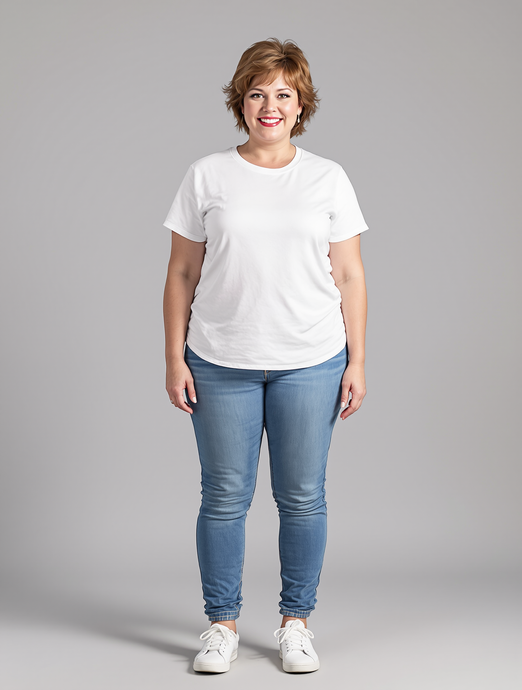 Woman in white t-shirt and blue jeans standing against gray background