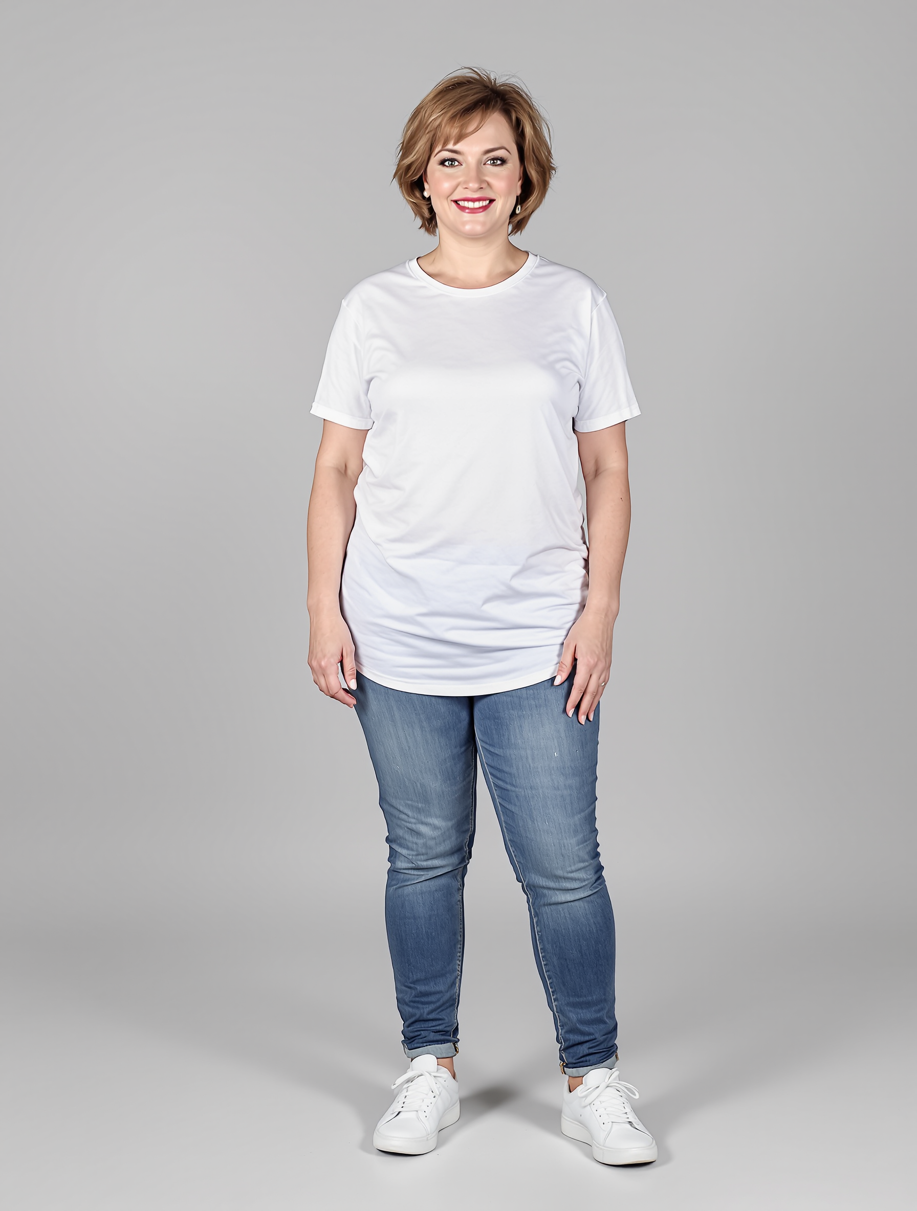Woman in white t-shirt and blue jeans standing against gray background