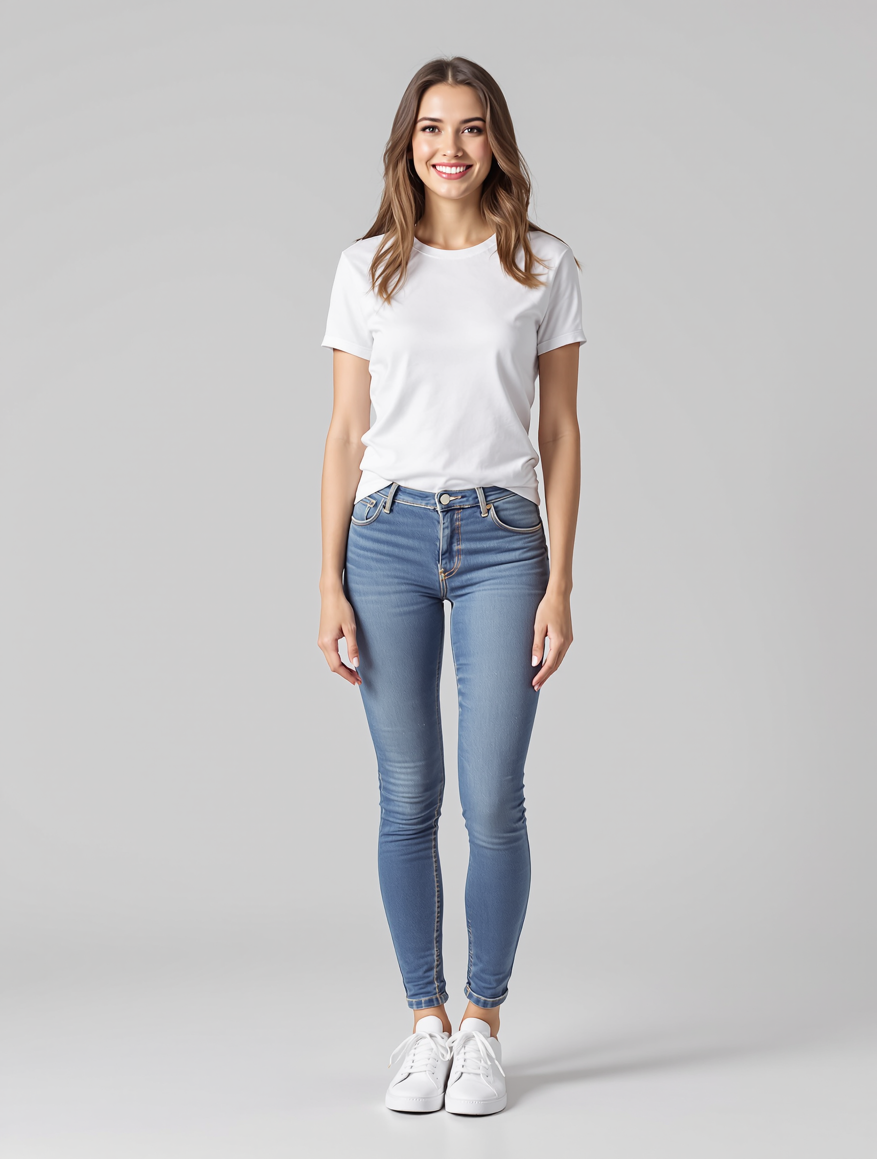 Woman in white t-shirt and blue skinny jeans with white sneakers
