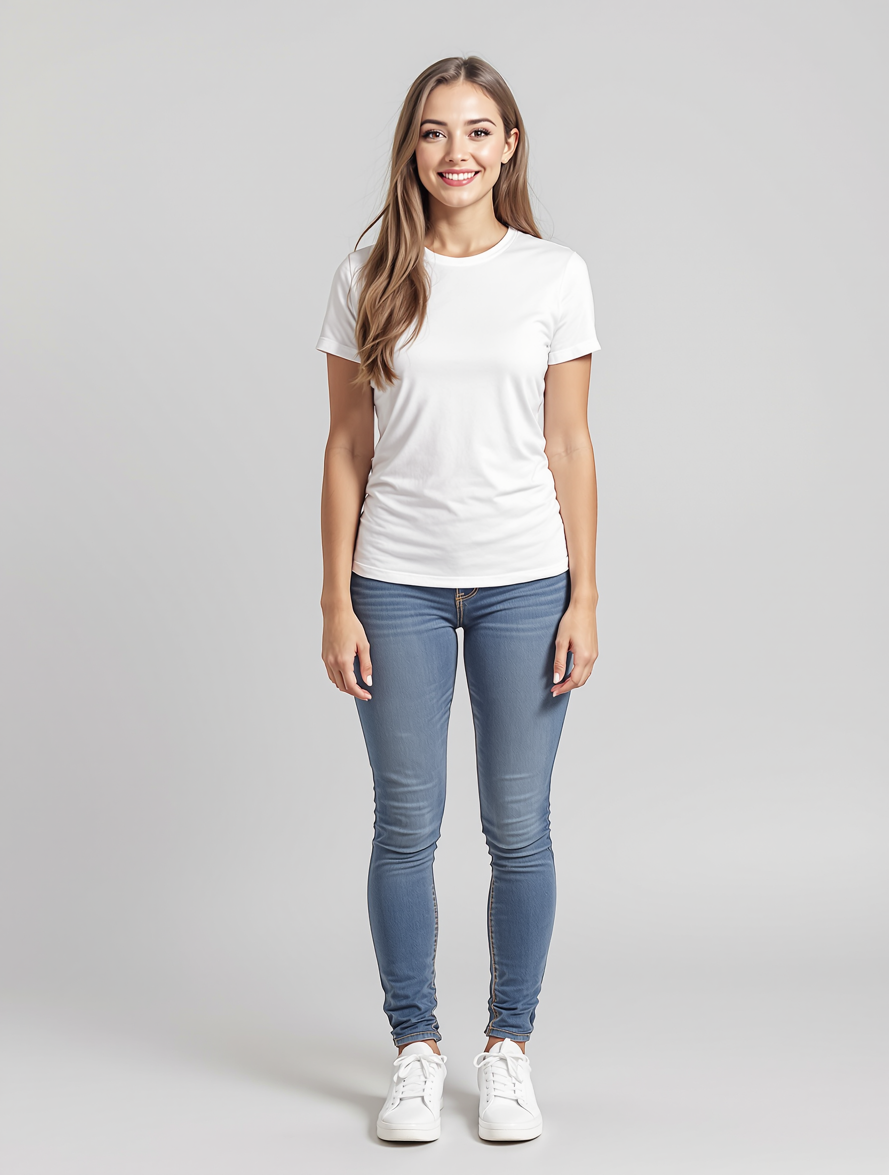 Woman in white t-shirt and blue jeans with white sneakers