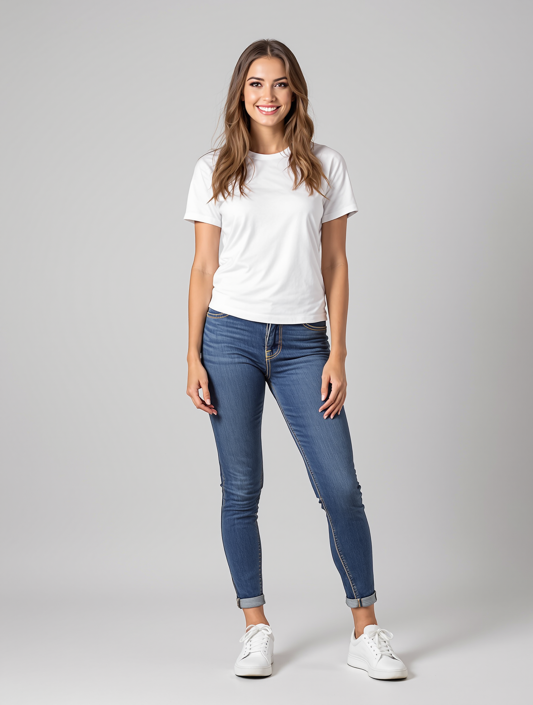 Woman in white t-shirt and cuffed blue jeans with white sneakers
