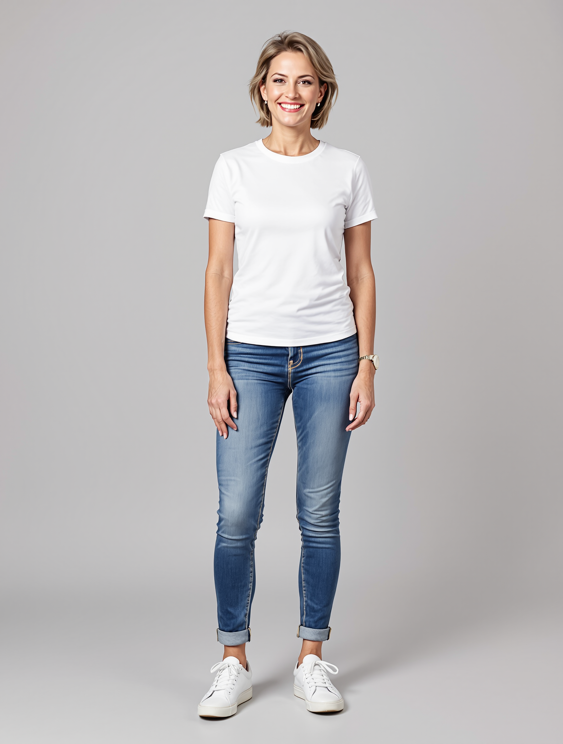 Woman in white t-shirt and rolled cuff jeans with white sneakers