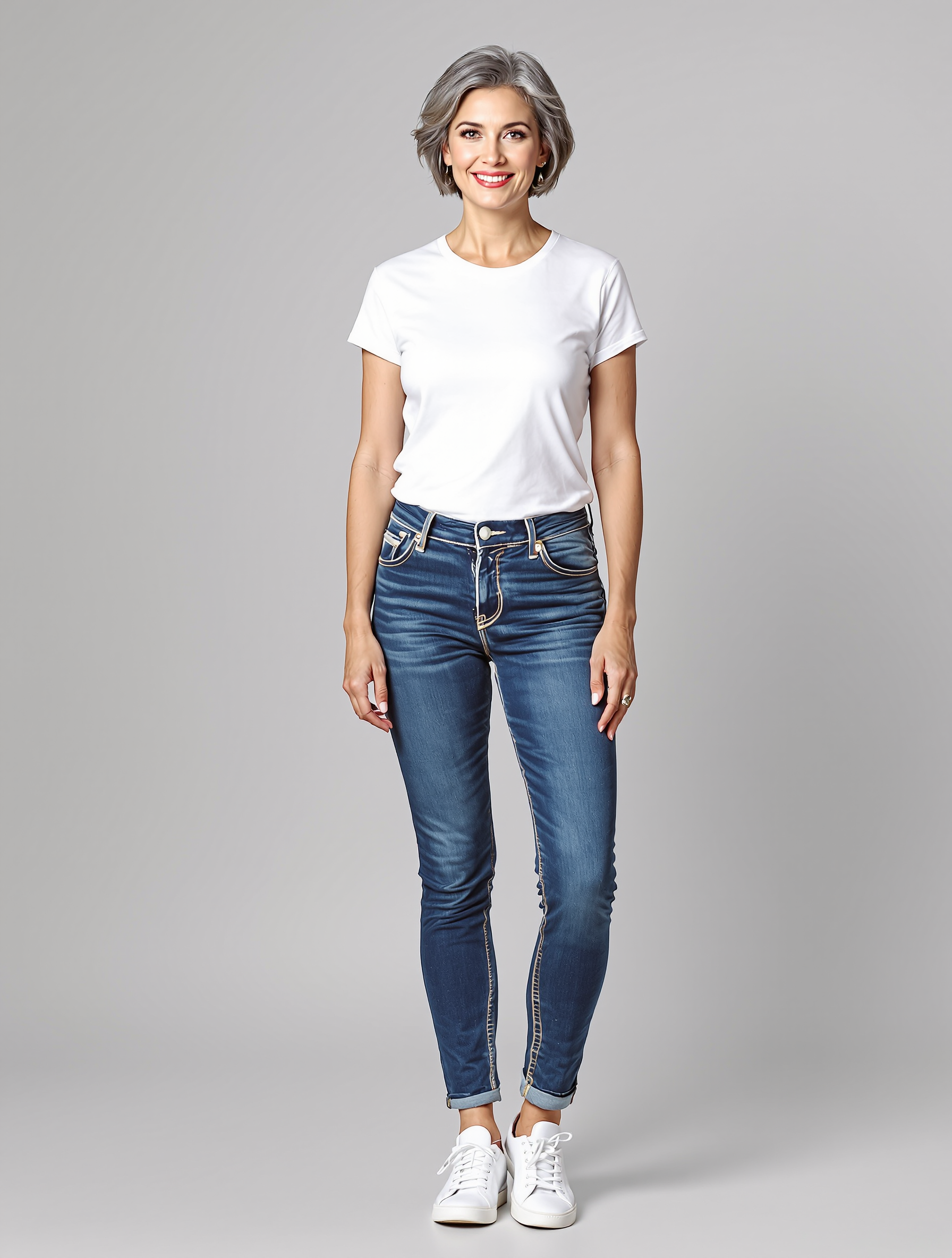 Woman in white t-shirt and cuffed blue jeans with white sneakers