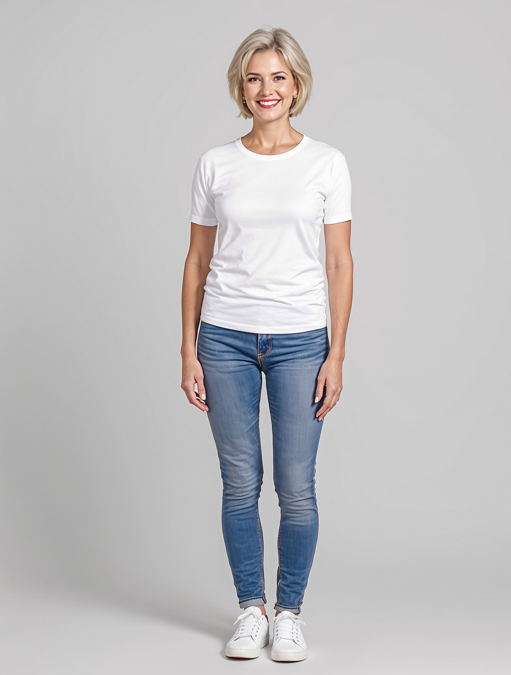 Woman in white t-shirt and blue jeans with short blonde hair