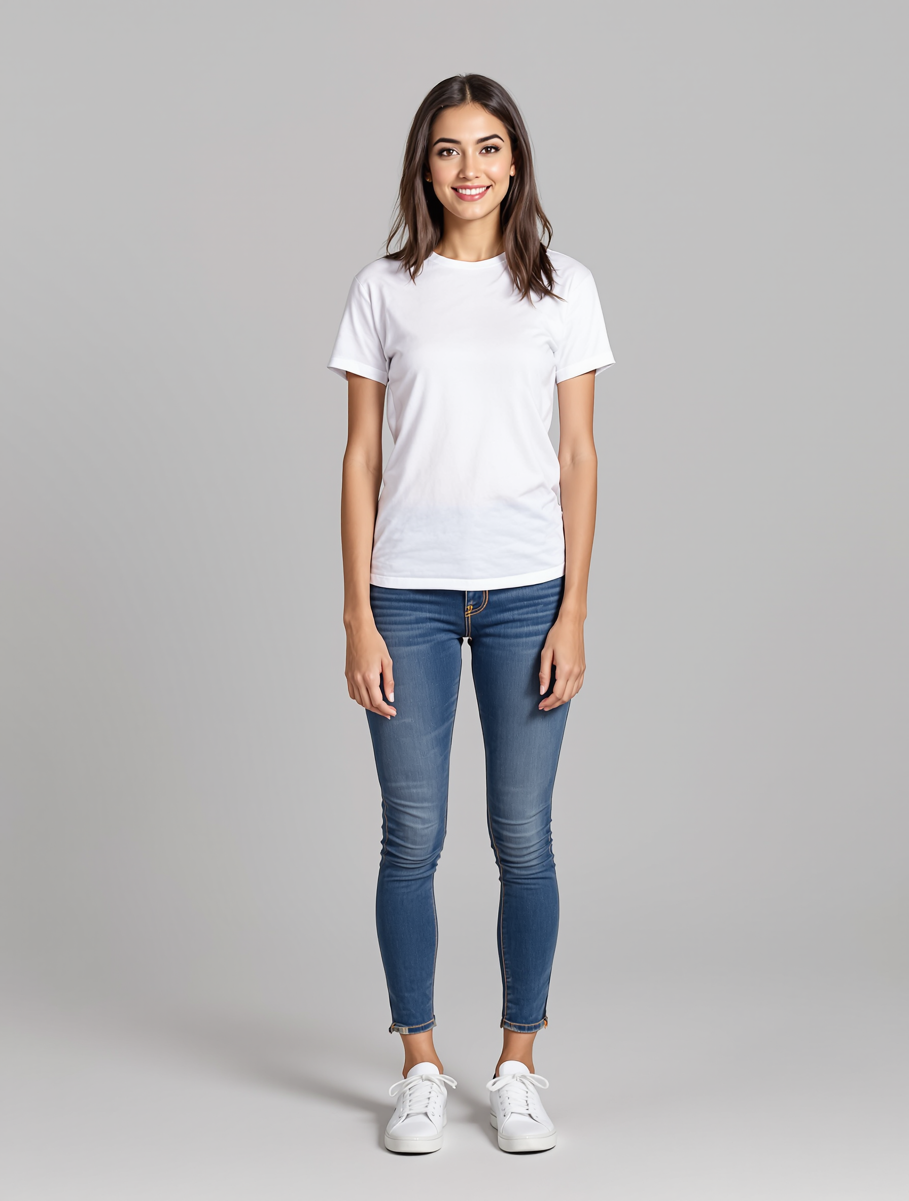 Woman in white t-shirt and blue jeans standing against gray background