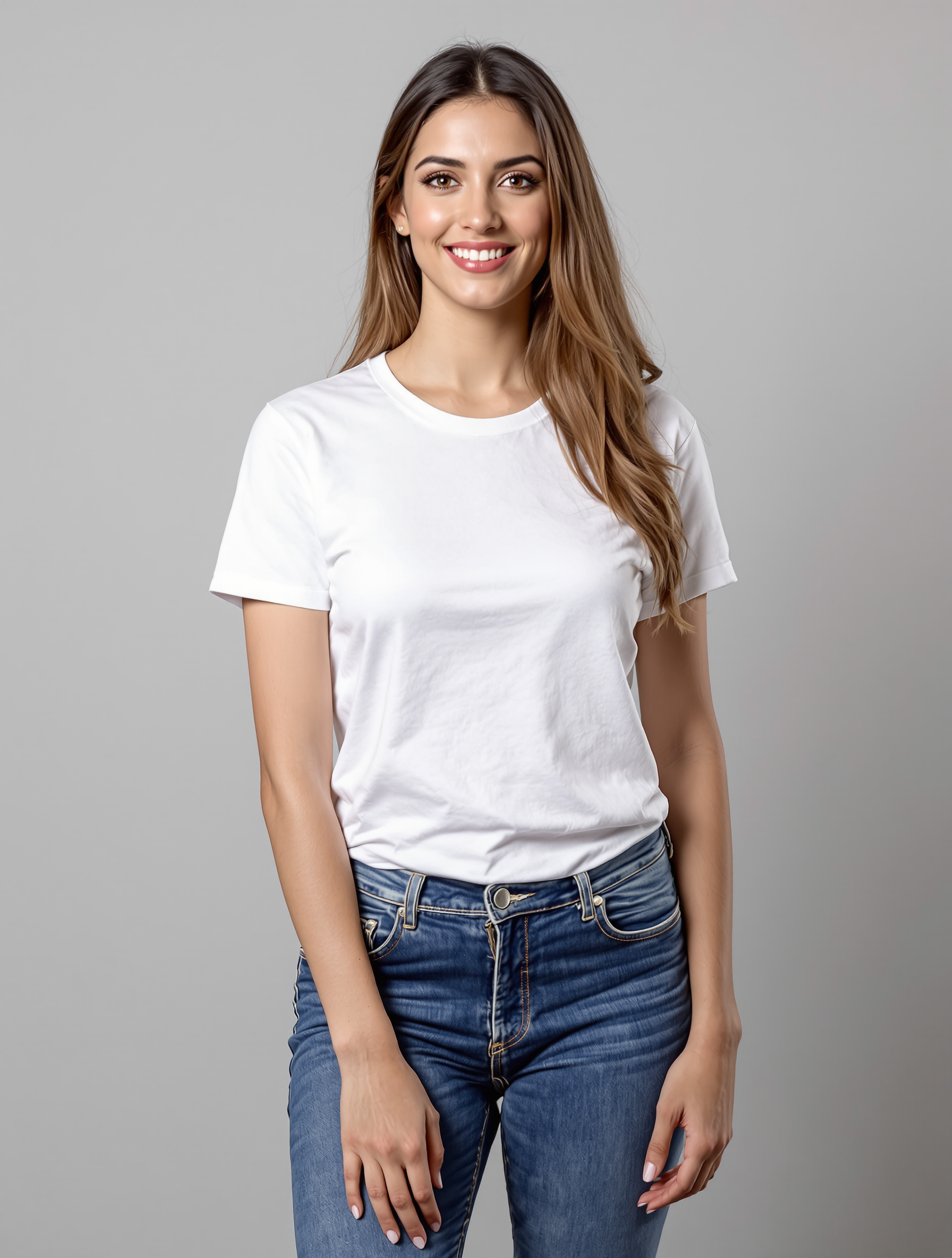 Woman in white crew neck tee and blue jeans smiling at camera