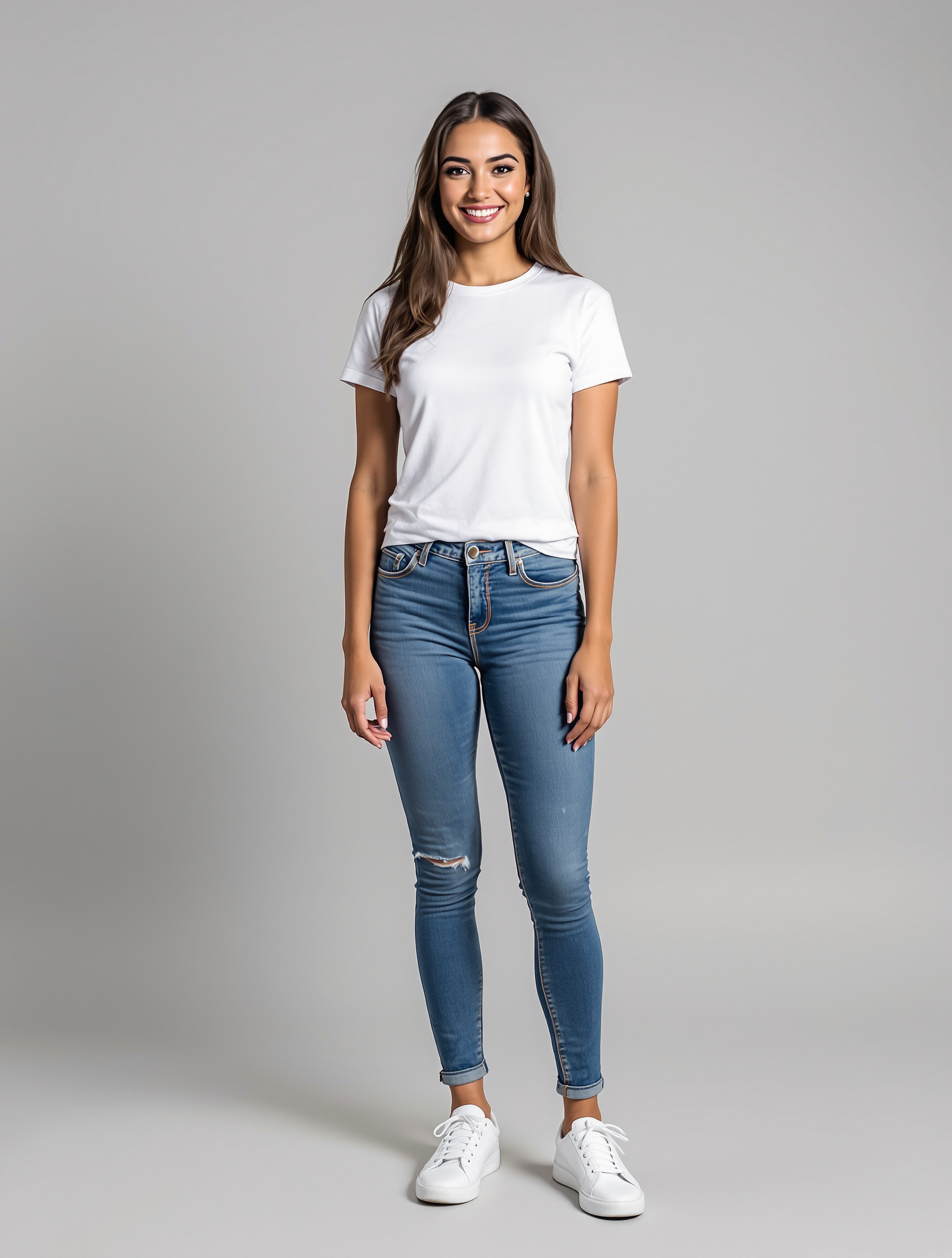 Woman in white t-shirt and distressed blue jeans with white sneakers
