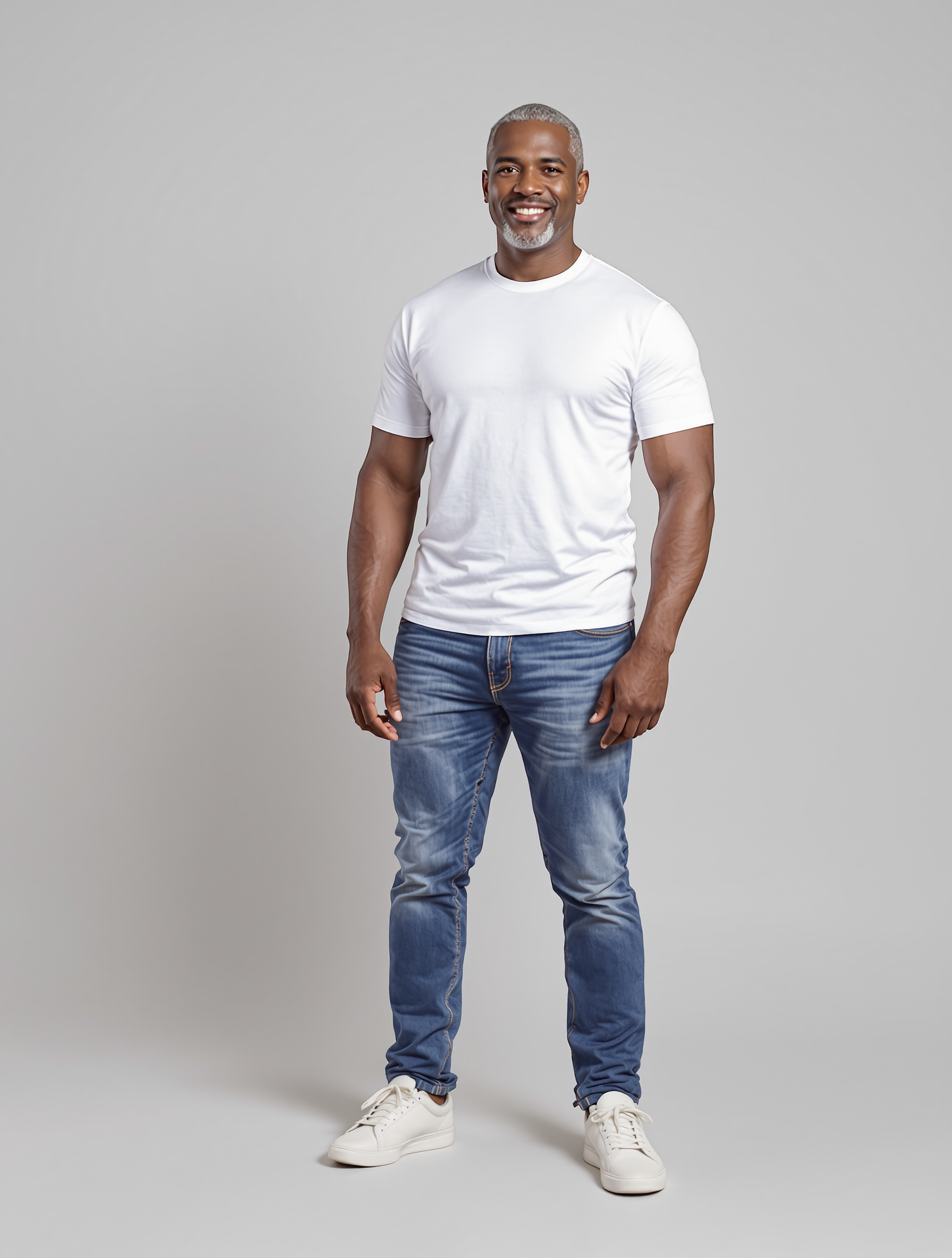 Man in white t-shirt and blue jeans standing against neutral background