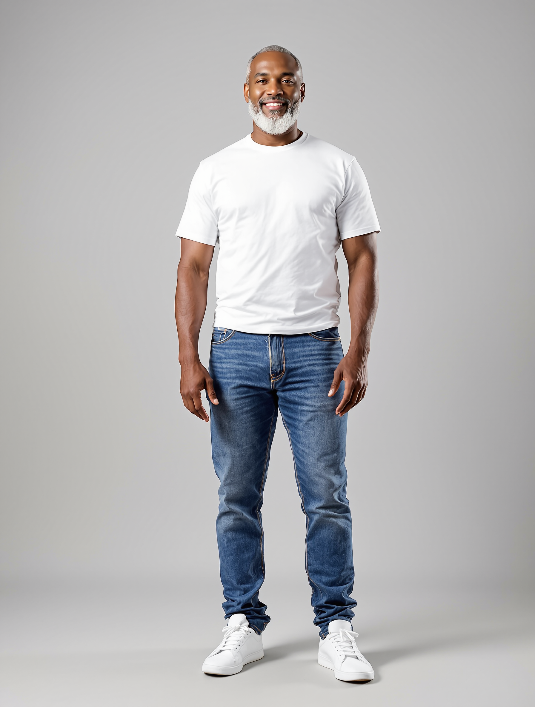 Man with white beard wearing white t-shirt and blue jeans